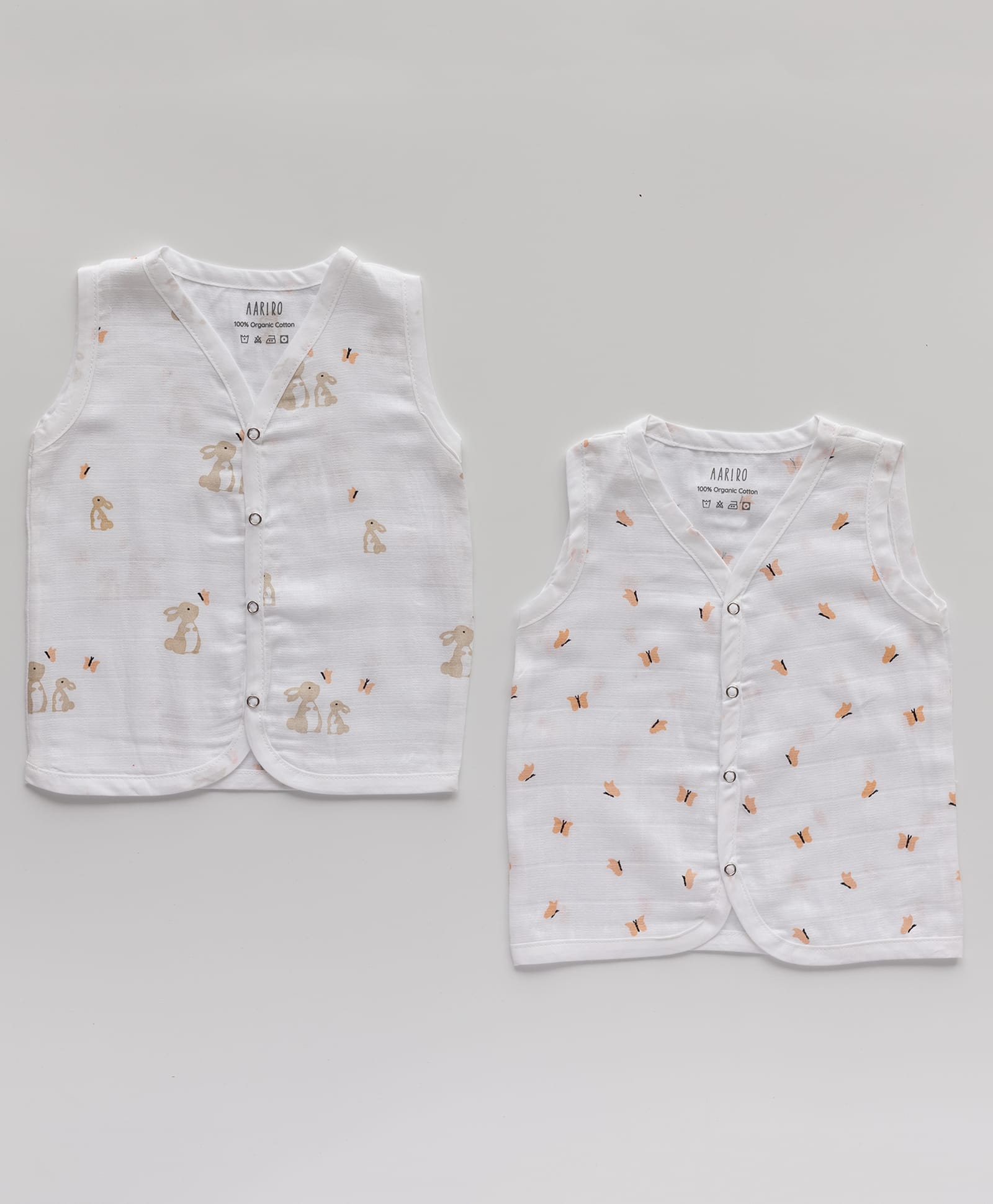 AARIRO 100% Muslin Woven Pack Of 2 Sleeveless Bunny & Butterflies Printed Jablas - White-image-49