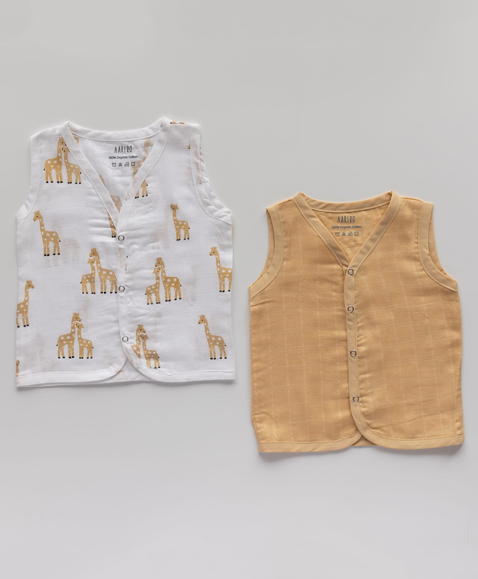 AARIRO 100% Muslin Woven Pack Of 2 Sleeveless Solid & Giraffe Printed Jablas - White-picture-16