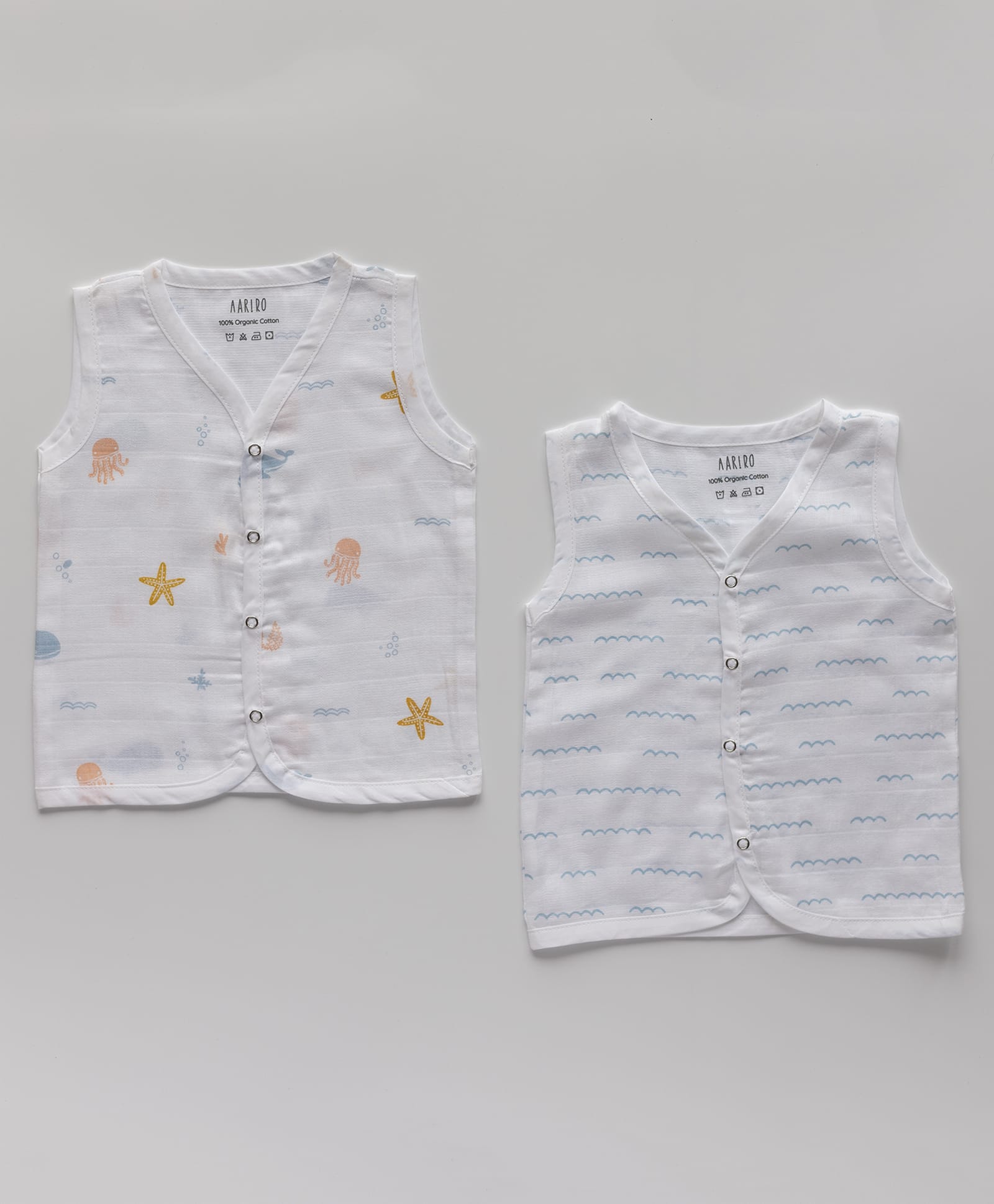 AARIRO 100% Muslin Woven Pack Of 2 Sleeveless Sea Life Printed Jablas - White-picture-15