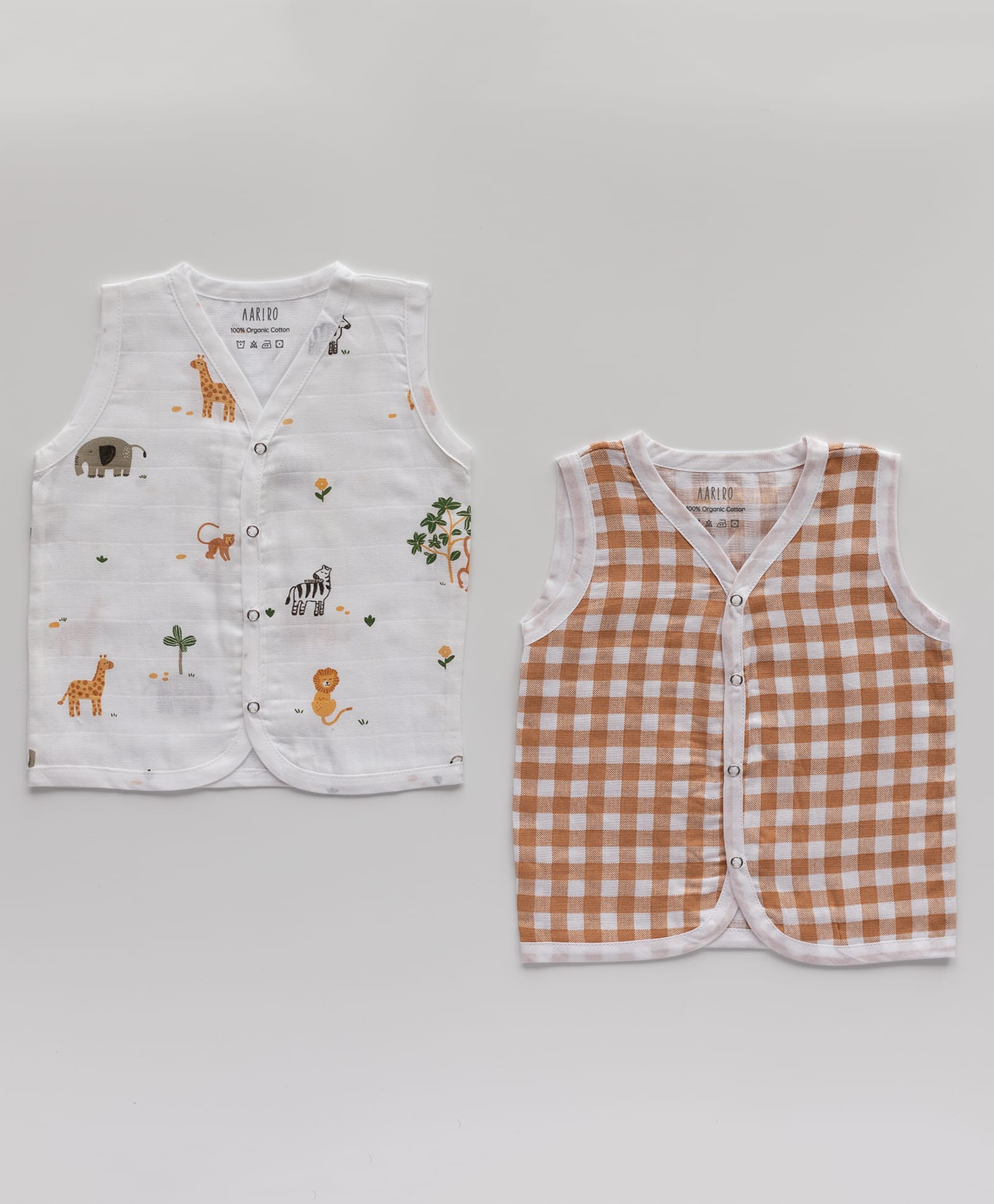 AARIRO 100% Muslin Woven Pack Of 2 Sleeveless Checked & Jungle Theme Printed Jablas - White-image-39