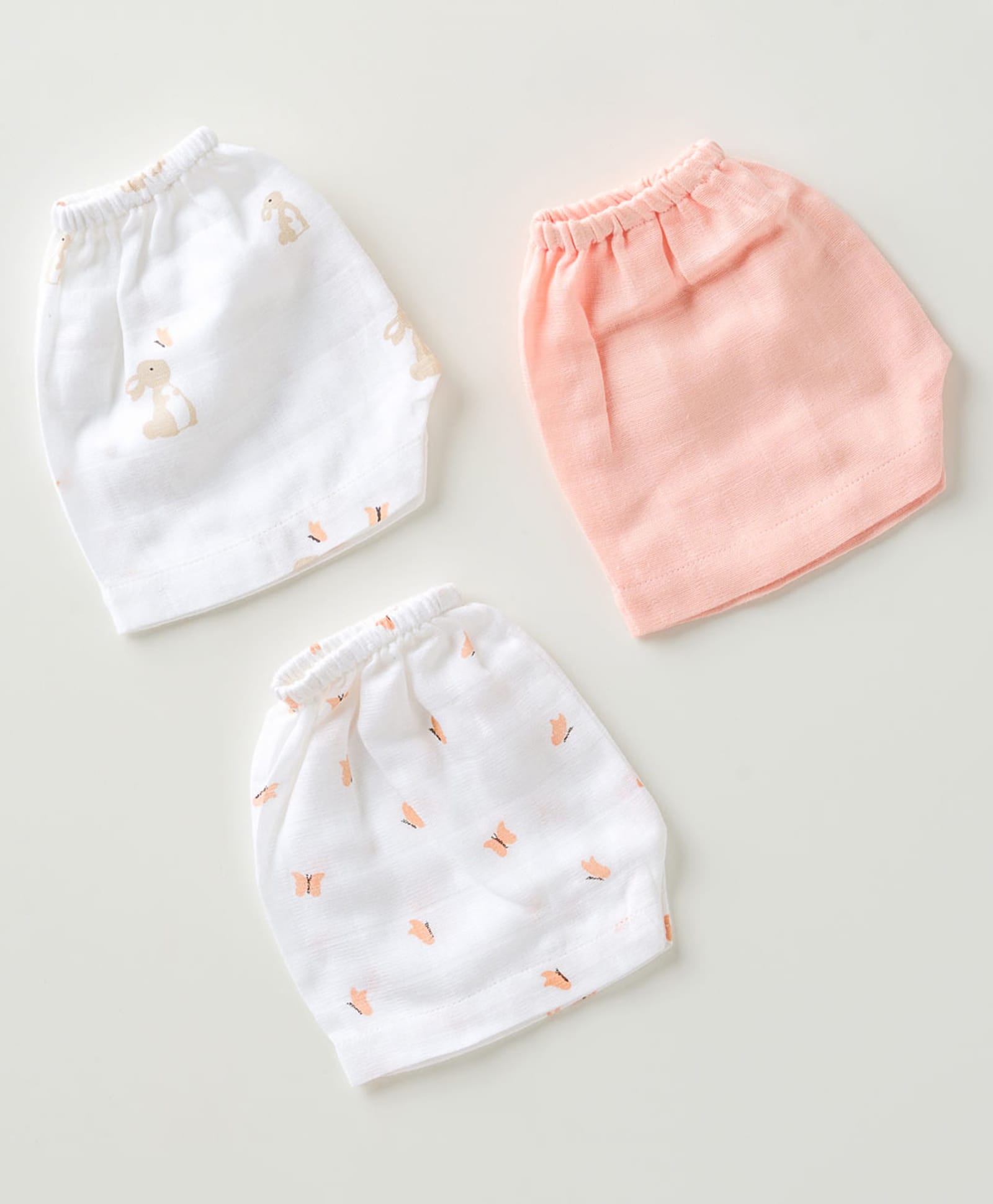 AARIRO 100% Muslin Woven Pack Of 3 Solid Bunnies & Butterflies Printed Shorts - White & Pink-image-26