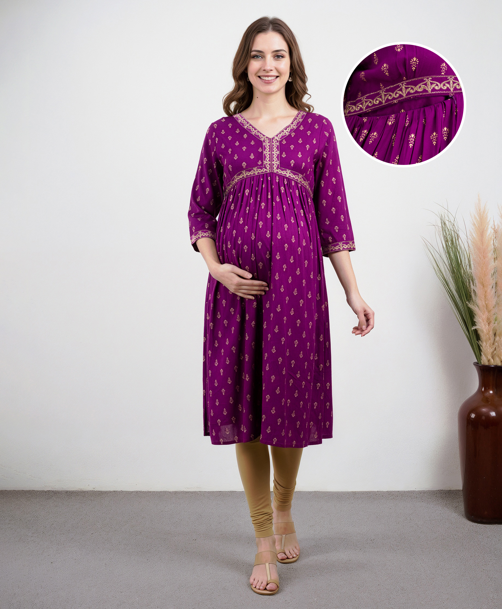 Bella Mama Woven Three Fourth Sleeves Maternity Kurta with Highlighted Gold Print & Embroidery At Yoke - Purple