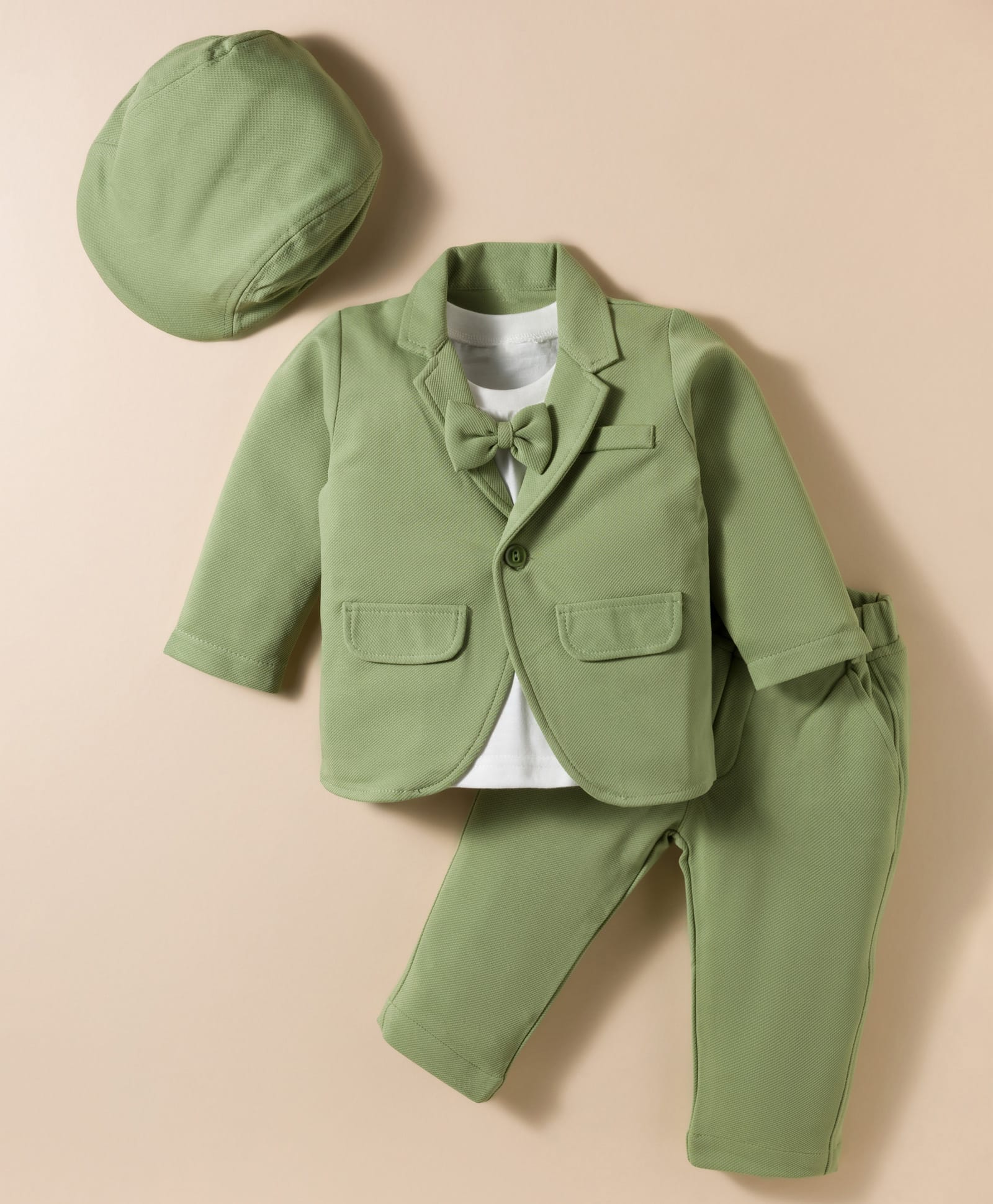 Robo Fry Cotton Woven Full Sleeves Solid Color Party T-Shirt & Trouser Set with Blazer Cap & Bow Applique - Green-picture-27