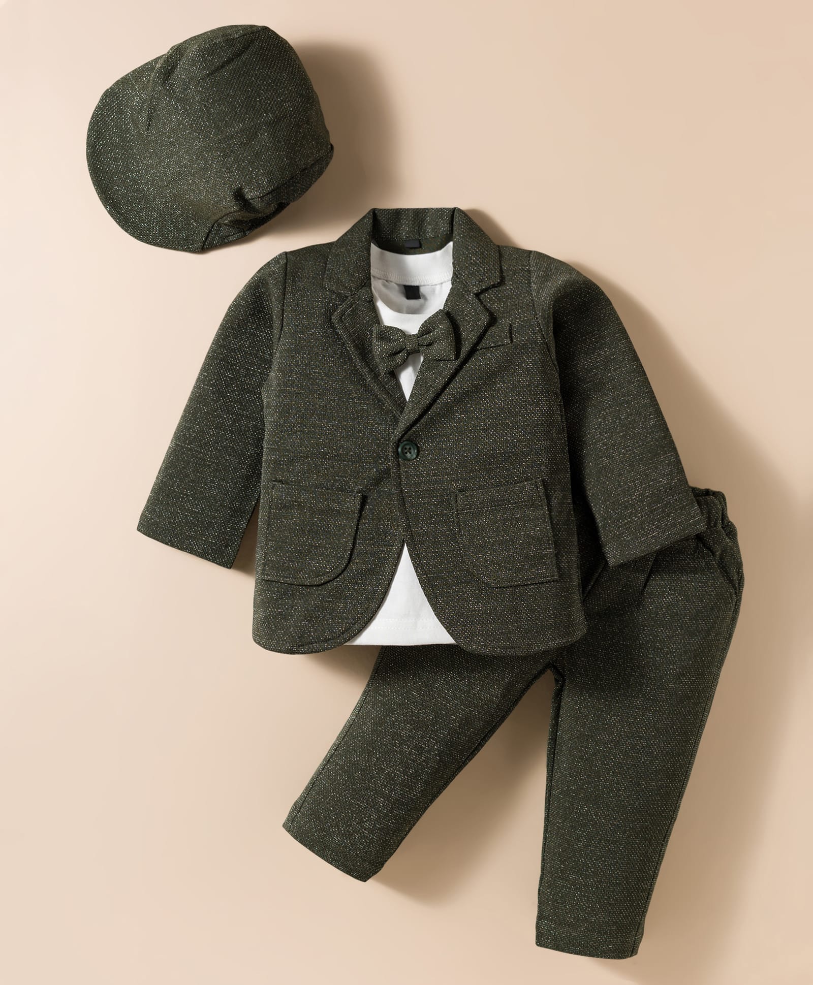 Robo Fry Cotton Woven Full Sleeves Solid 3 Piece Party Suit With Bow & Cap - Dark Olive Green & White-image-44
