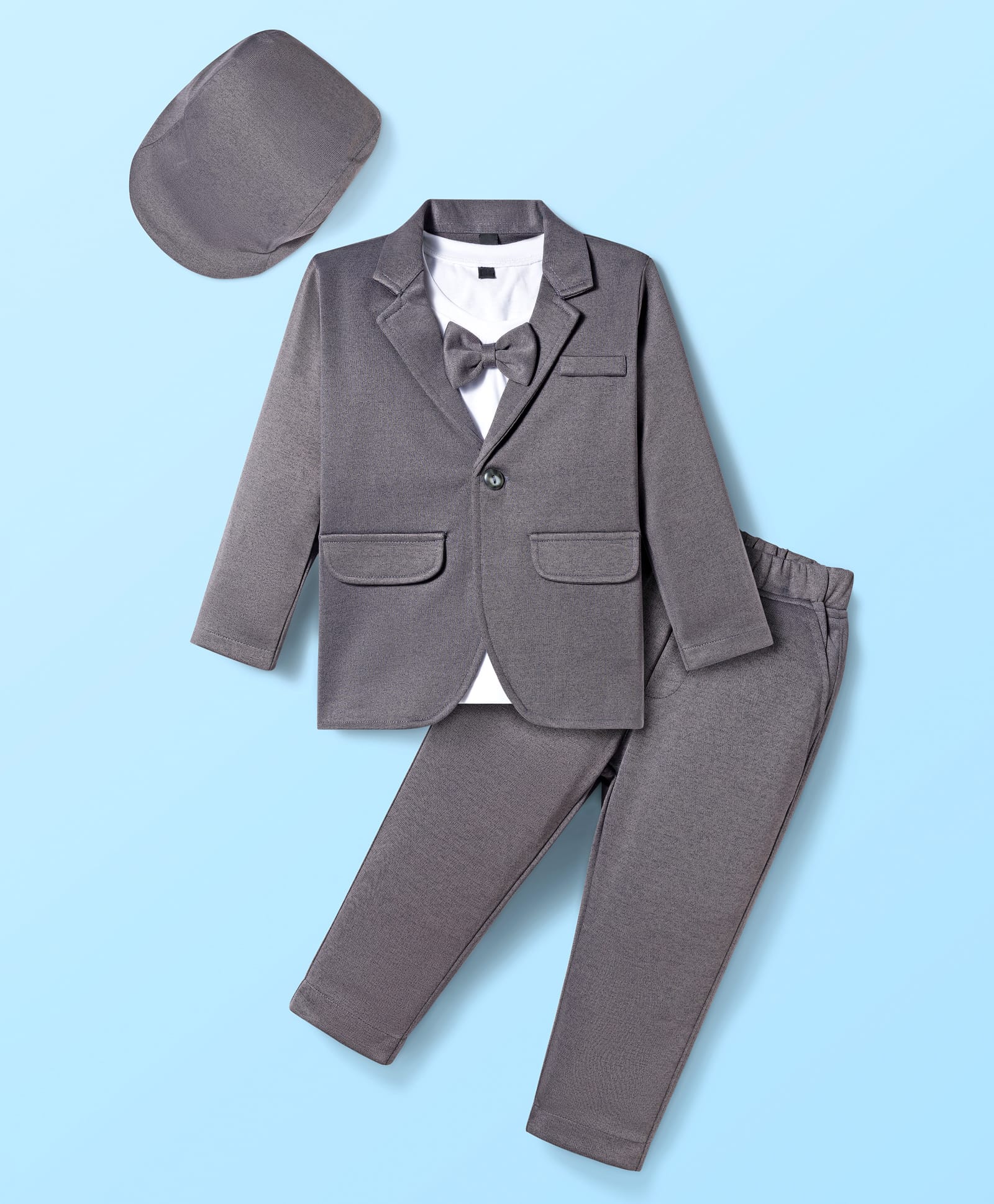 Robo Fry Cotton Woven Full Sleeves Solid Color Party T-Shirt & Trouser Set with Blazer Cap & Bow Applique - Charcoal Grey-picture-26