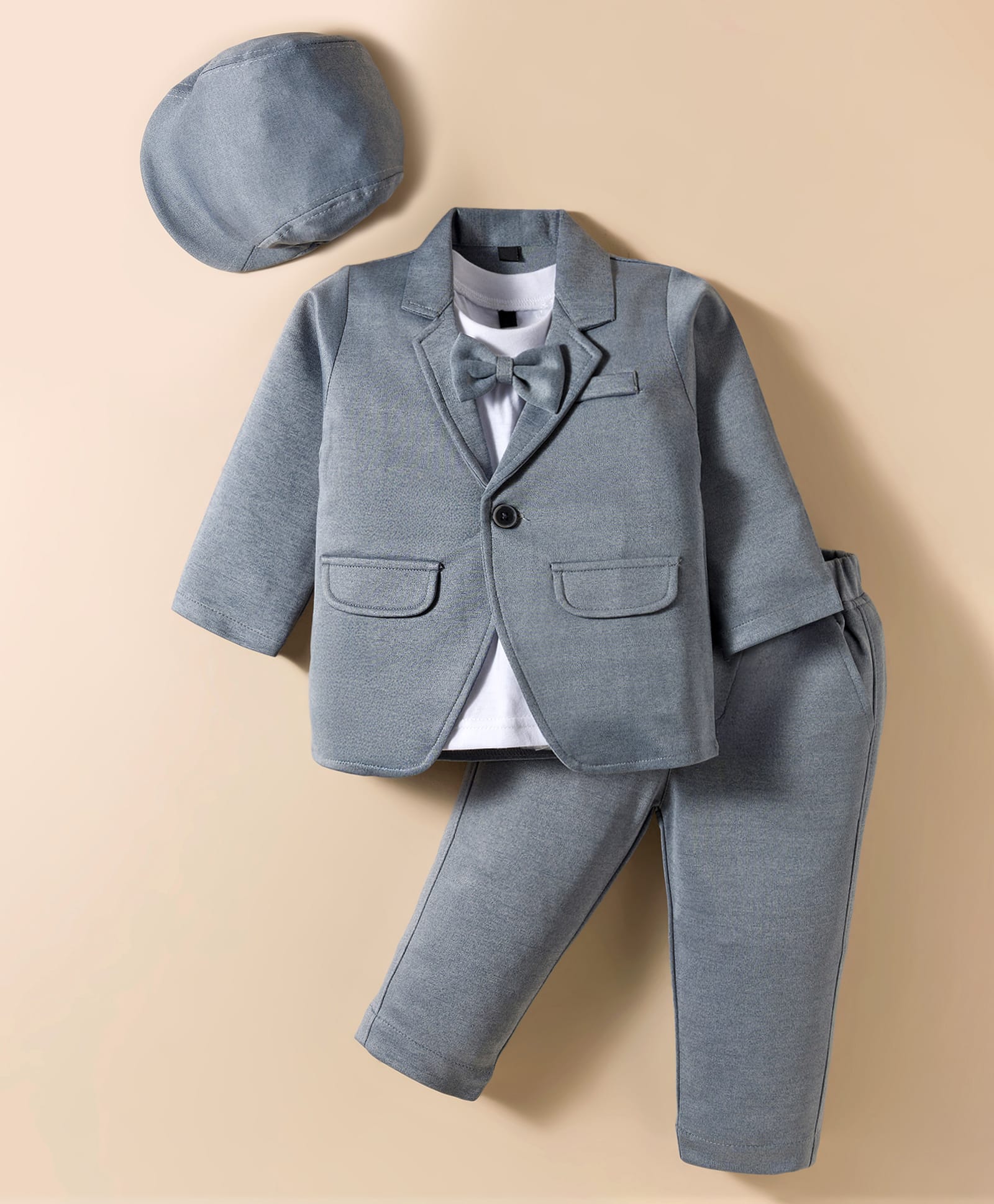 Robo Fry Cotton Woven Full Sleeves Solid 3 Piece Party Suit With Bow & Cap - Light Blue & White-picture-25