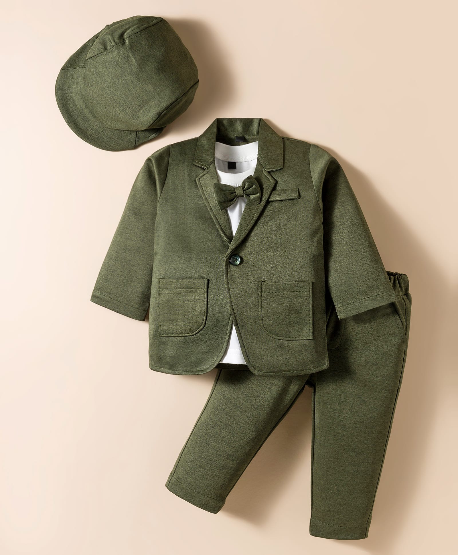 Robo Fry Cotton Woven Full Sleeves Solid 3 Piece Party Suit With Bow & Cap - Dark Green & White-picture-26