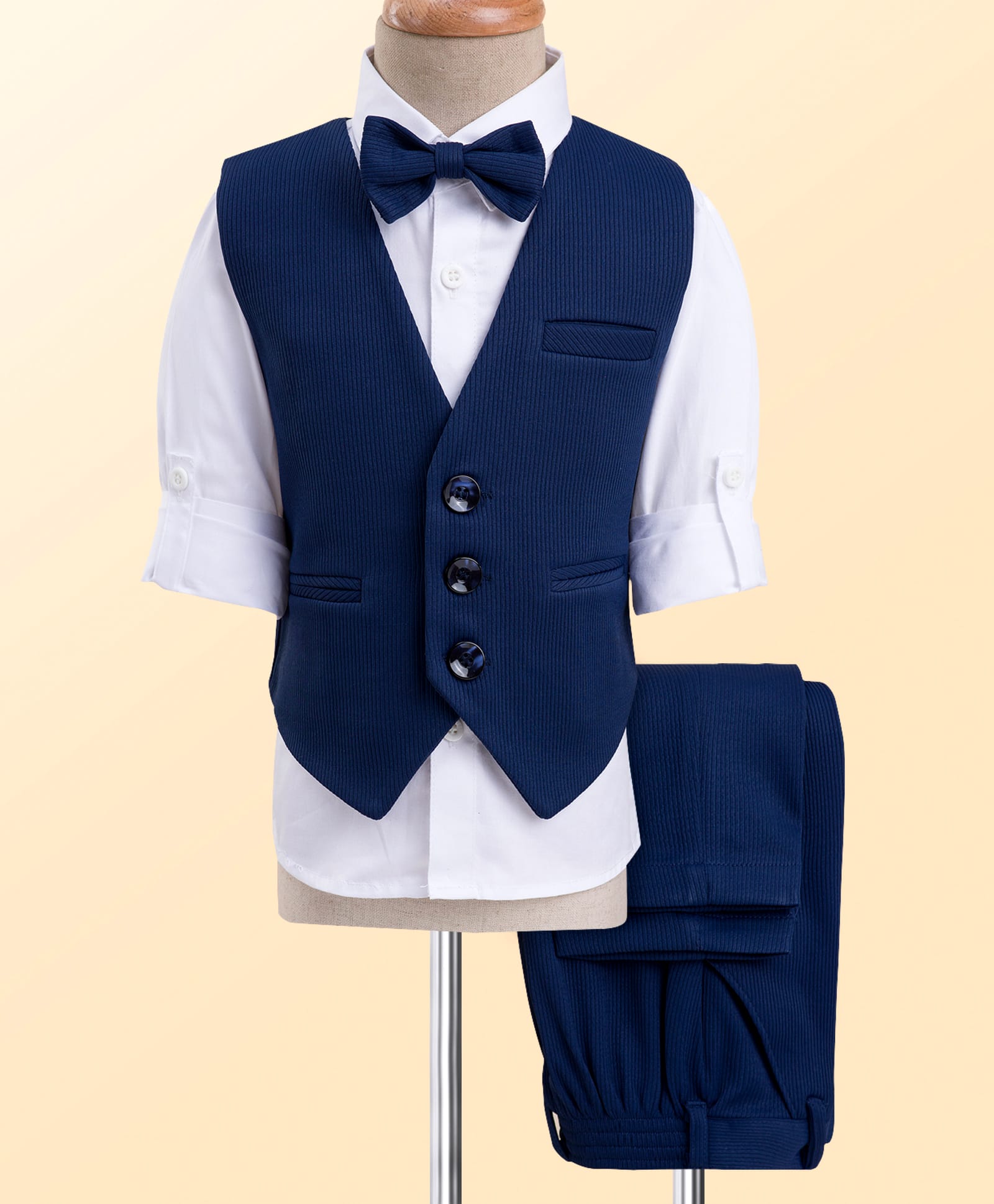 Robo Fry Cotton Woven Full Sleeves Solid 3 Piece Party Suit With Bow - Navy Blue & White-image-44