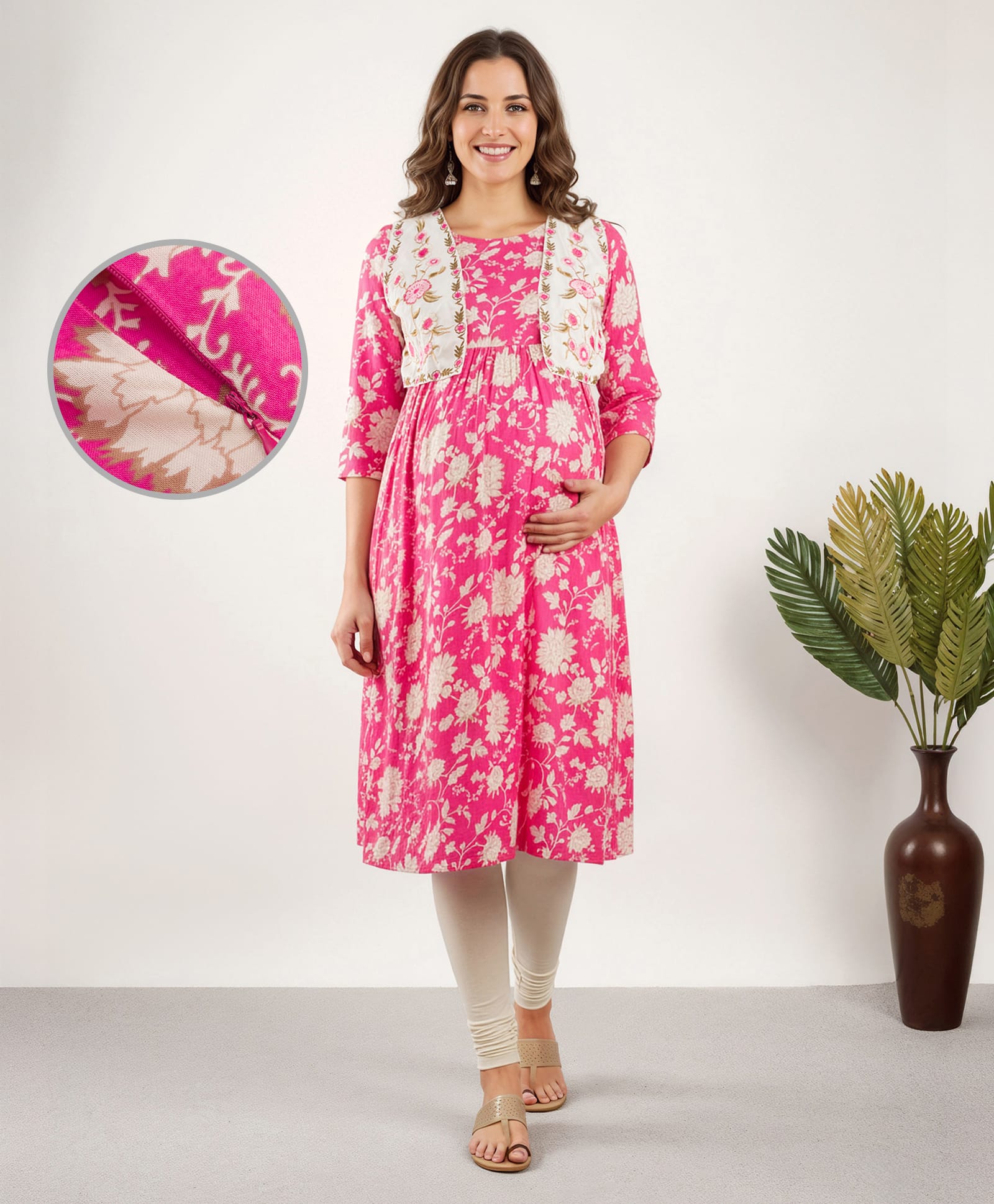 Bella Mama Woven Three Fourth Sleeves Maternity Kurta With Floral Embroidered Jacket - Pink-image-37