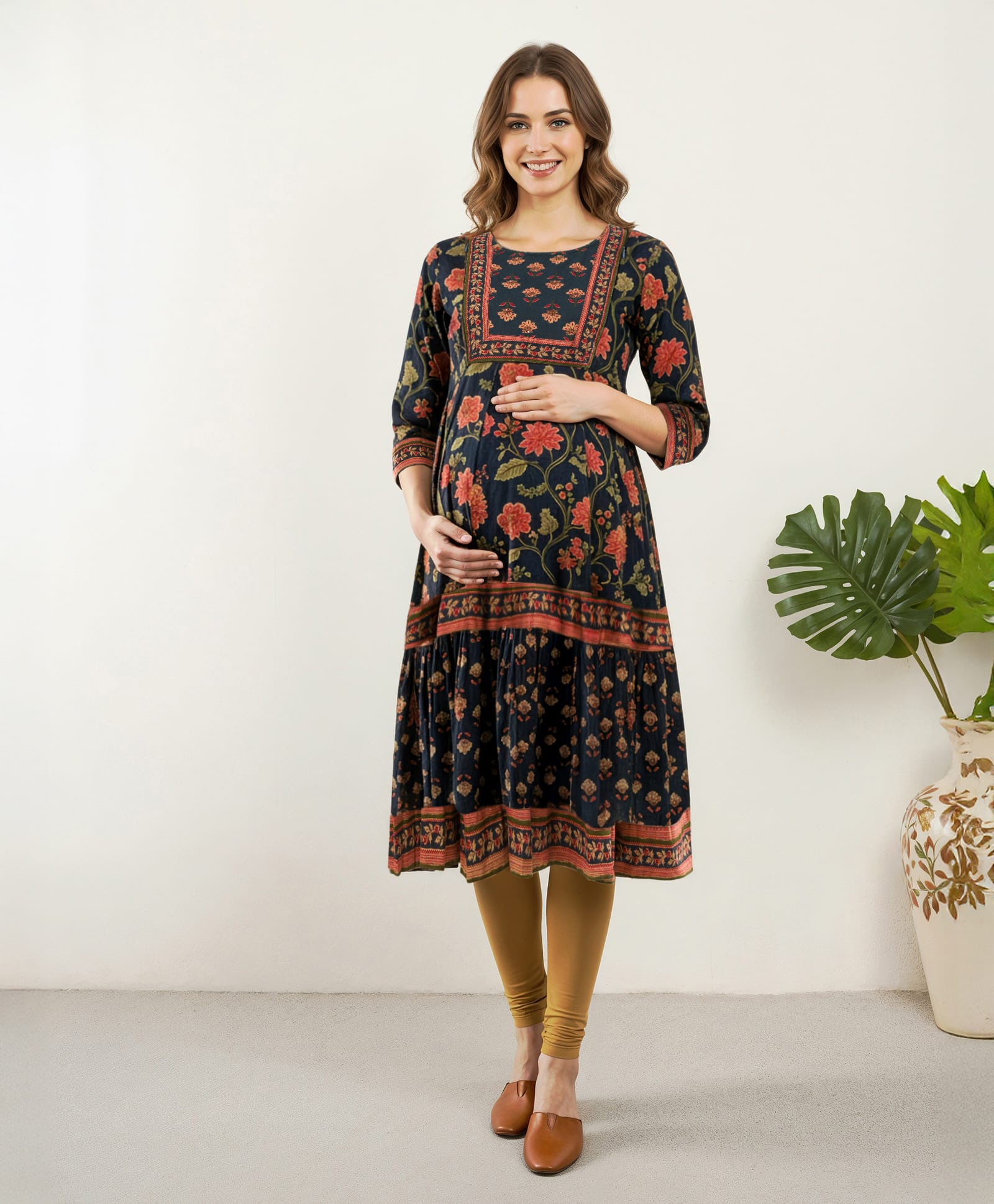 Bella Mama Cotton Woven Three Fourth Sleeves Maternity Kurta With Floral Print - Navy Blue