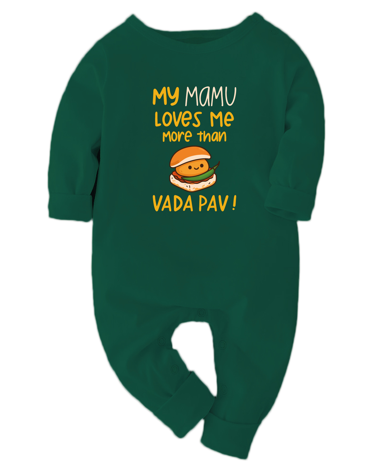 Zeezeezoo 100% Cotton Knit Family Theme Full Sleeves My Mamu Loves Me More Than Vada Pav Text Printed Romper - Forest Green-image-6