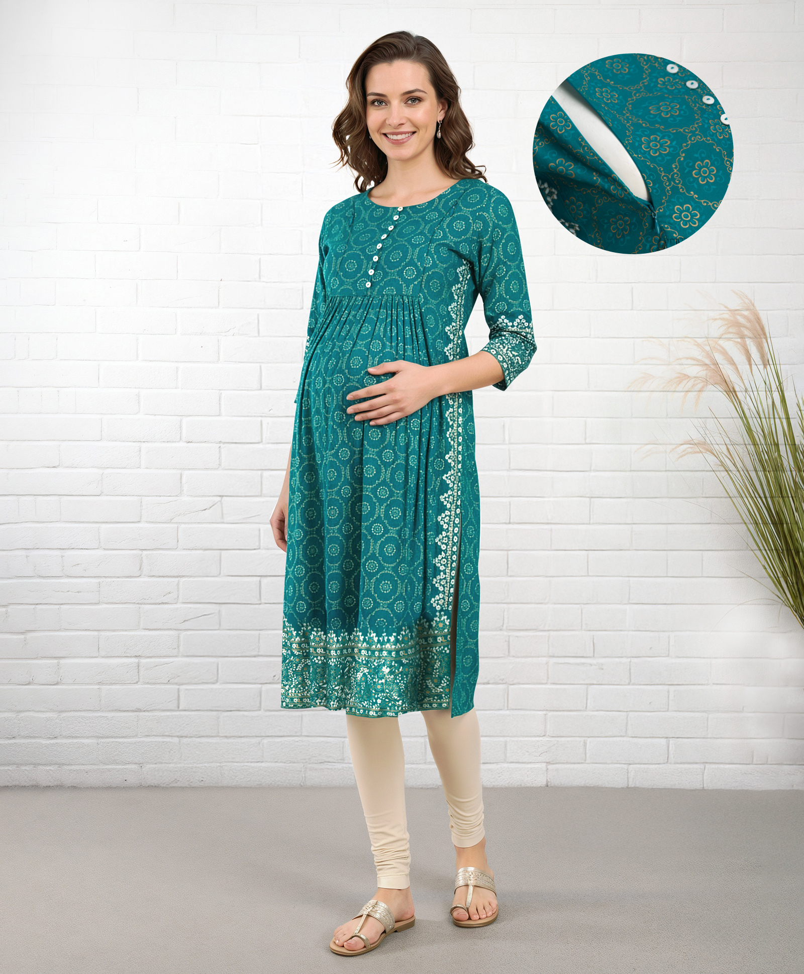 Bella Mama Woven Three Fourth Sleeves Maternity Kurta With Border Floral Print & Highlighted Yoke - Teal Blue