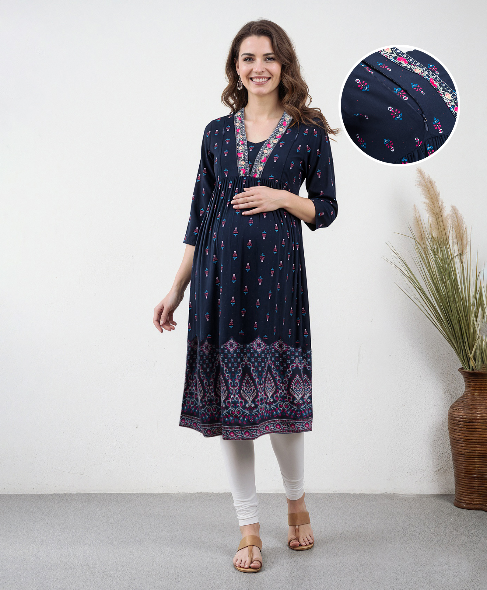 Bella Mama Woven Three Fourth Sleeves with Highlighted Neck Band Abstract Printed Maternity Kurta - Navy Blue