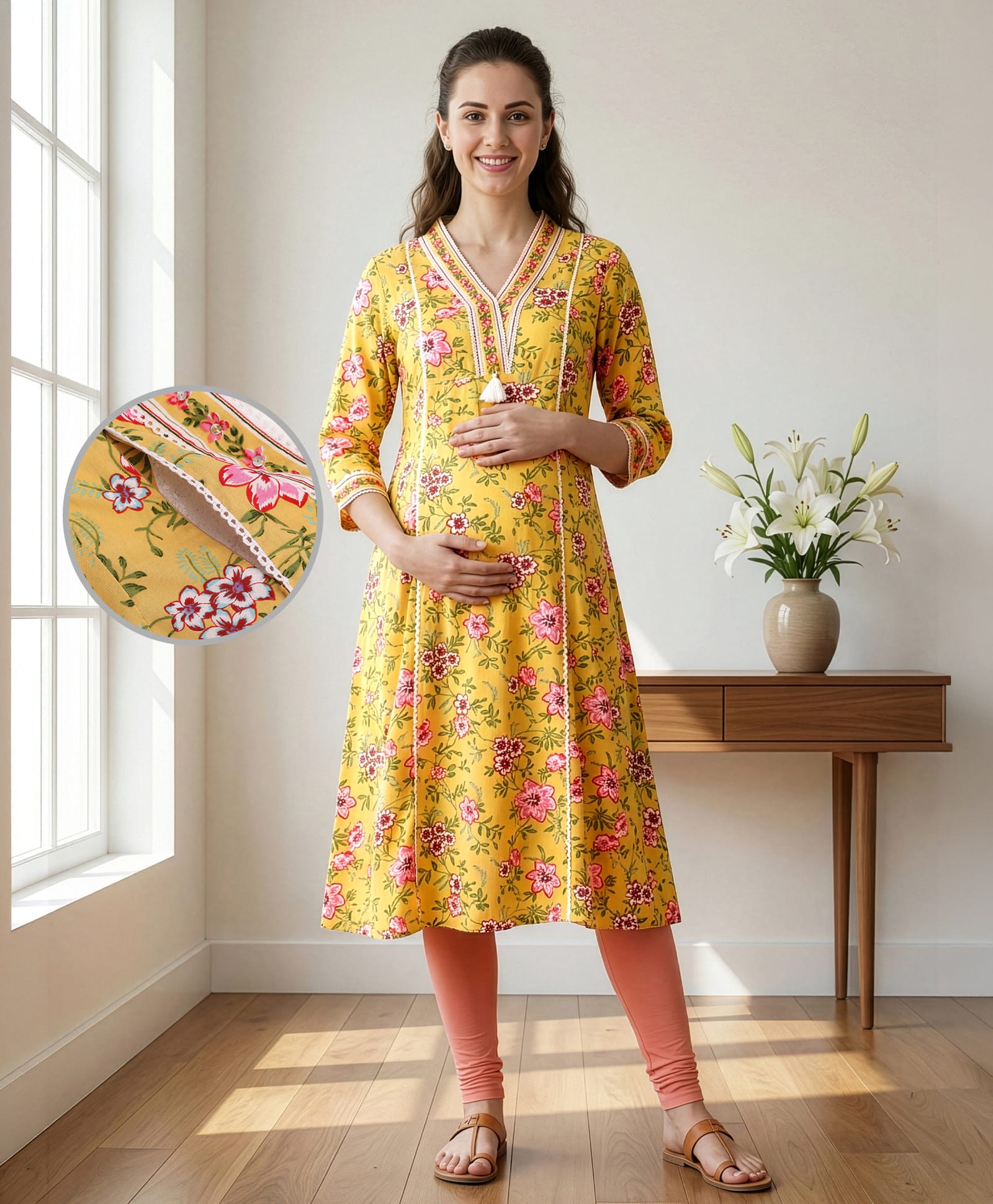 Bella Mama Woven Three Fourth Sleeves Highlighted Neck Band Maternity Kurta with Floral Print - Yellow