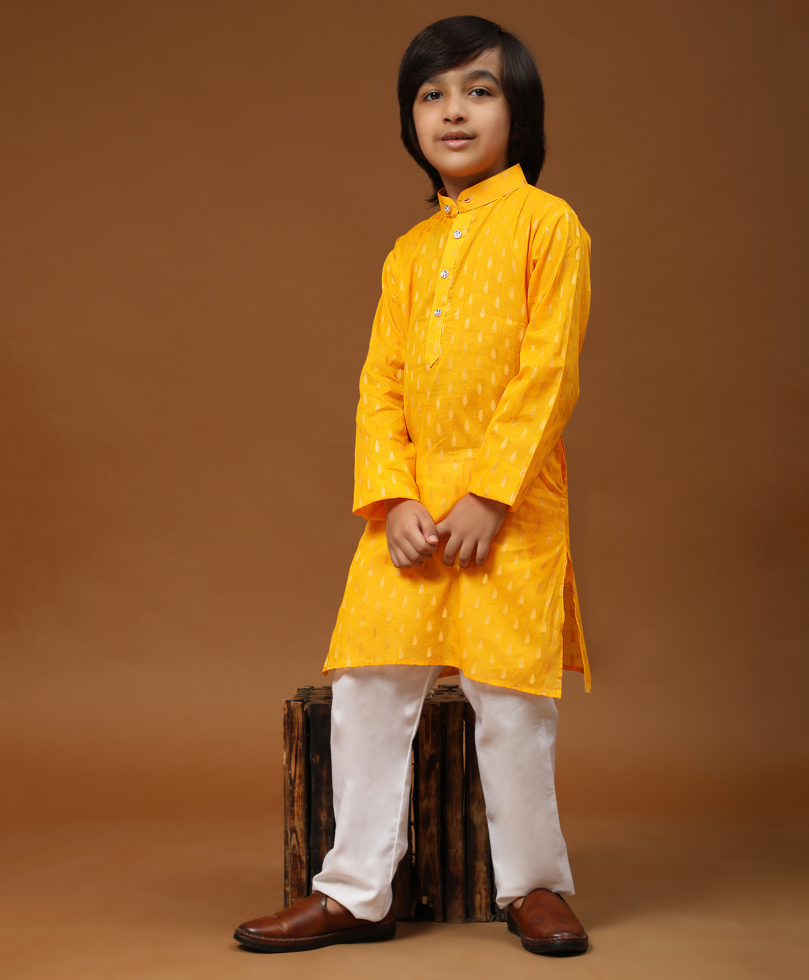 P-MARK Cotton Woven Full Sleeves Abstract Printed Kurta Pyjama Set - Yellow-image-48