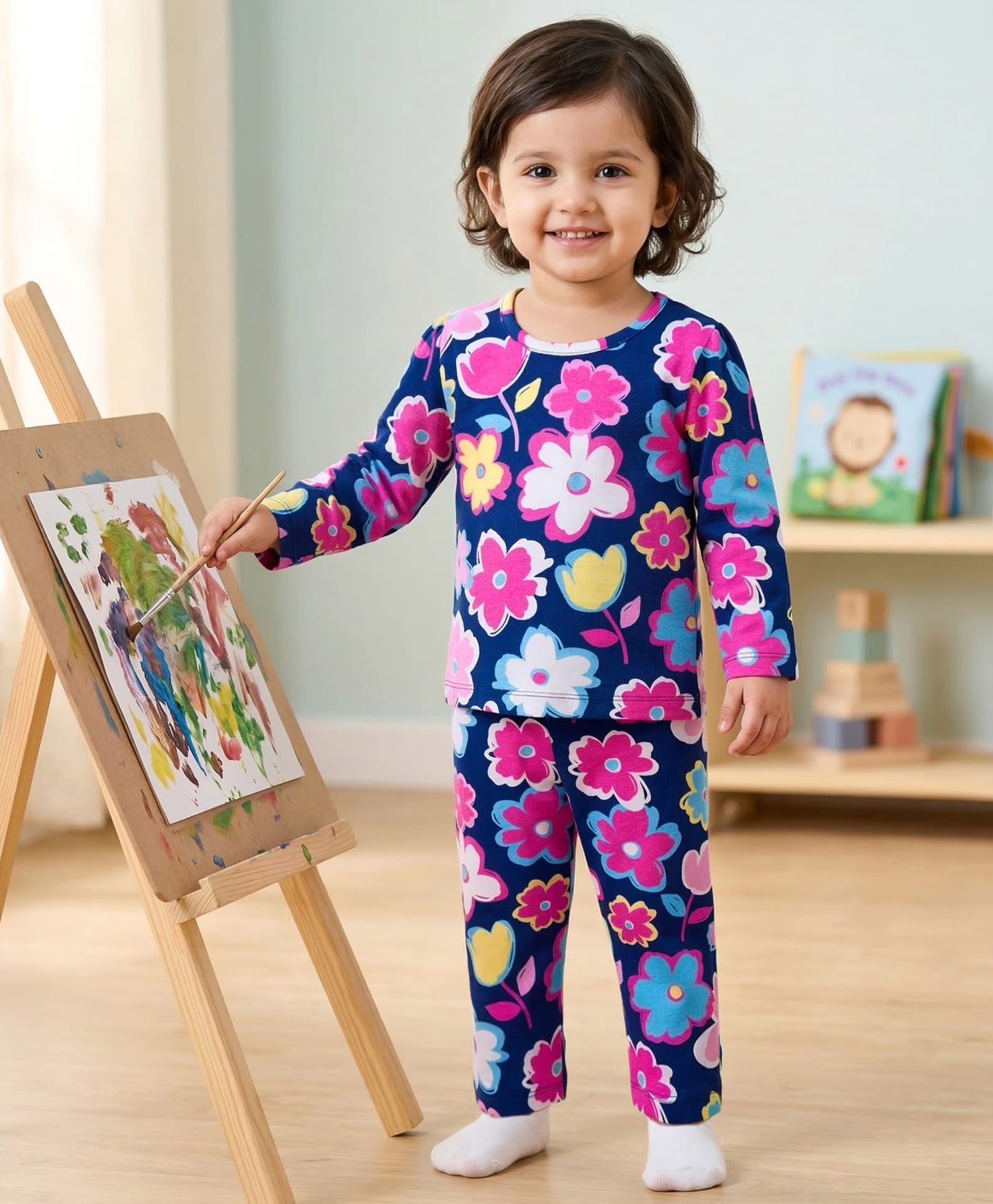 Babyhug Cotton Knit Full Sleeves Co-ords Night Suit Wth Floral Print - Navy Blue-image-5