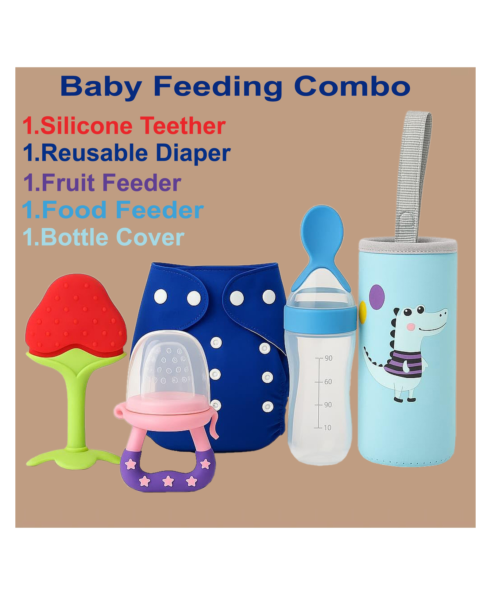 Joy Buzz Reusable Cloth Diaper / Nappies With Insert, Fruit Nibbler, Spoon Food/milk Feeder, Silicone Fruit Shape Teether & Silicone Cleaning Brush Feeding Bottle for Babies, Feeding Combo-pack of 5-image-13