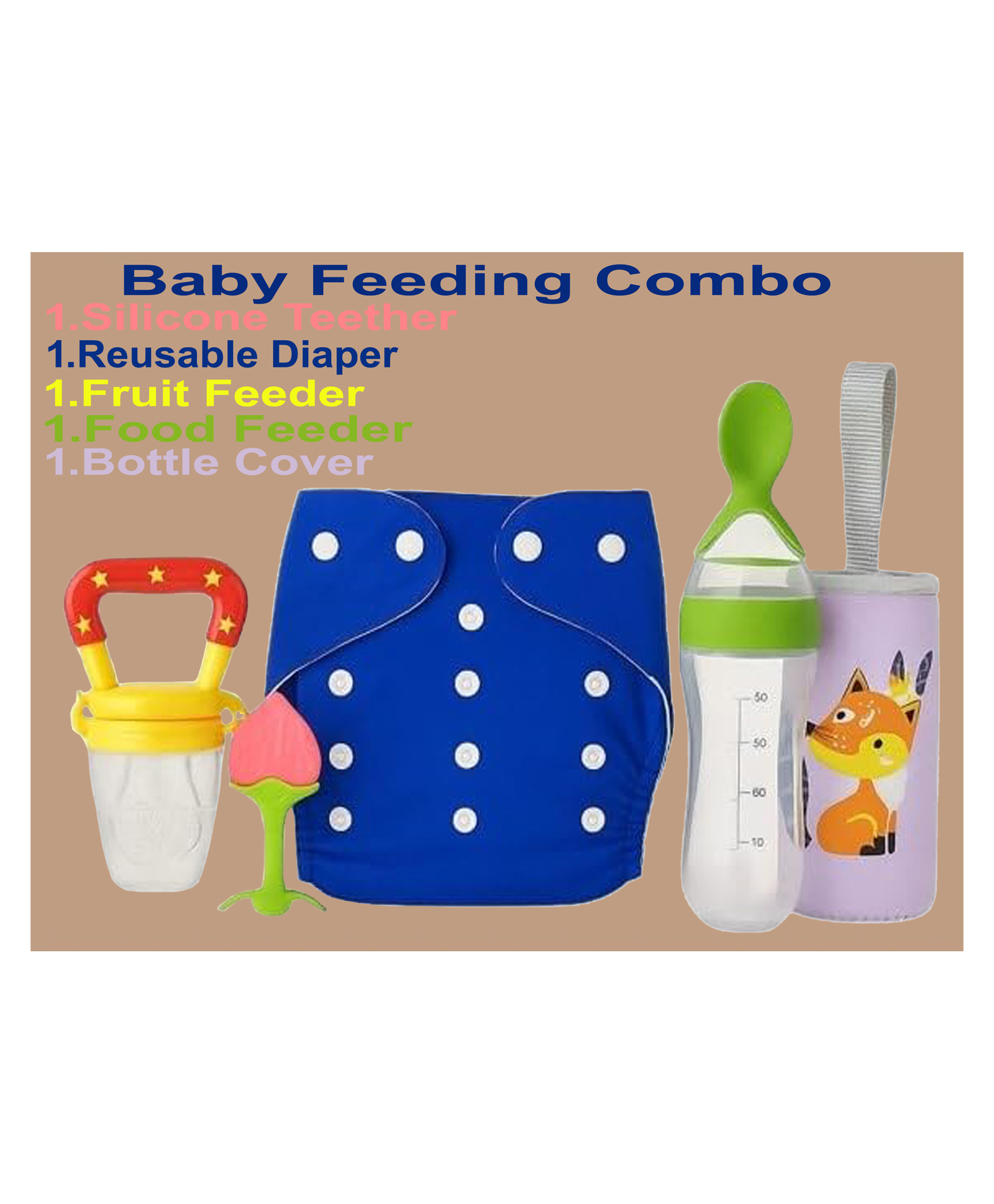 Joy Buzz Reusable Cloth Diaper / Nappies With Insert, Fruit Nibbler, Spoon Food/milk Feeder, Silicone Fruit Shape Teether & Silicone Cleaning Brush Feeding Bottle for Babies, Feeding Combo-pack of 5-picture-29