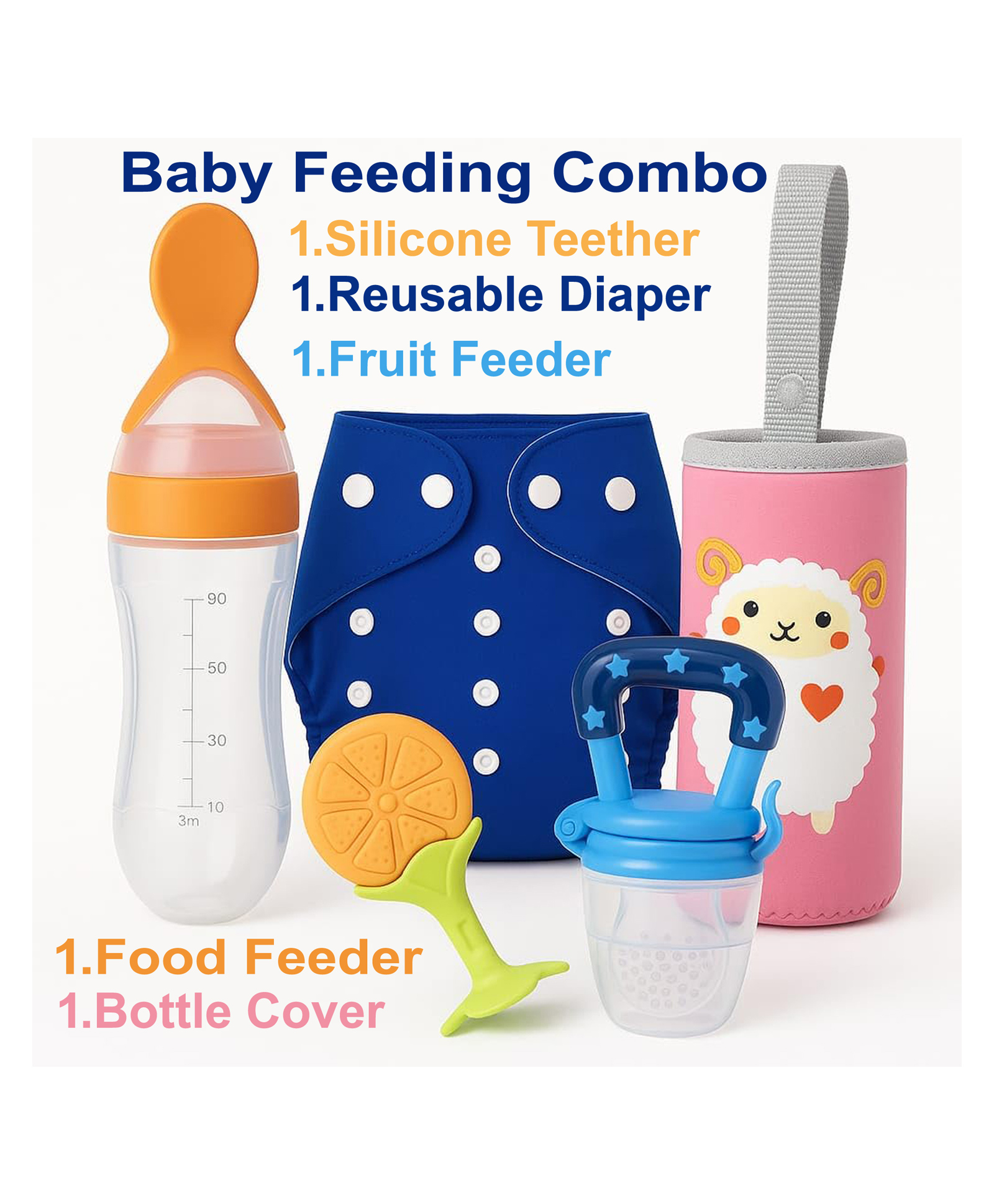 Joy Buzz Reusable Cloth Diaper / Nappies With Insert, Fruit Nibbler, Spoon Food/milk Feeder, Silicone Fruit Shape Teether & Silicone Cleaning Brush Feeding Bottle for Babies, Feeding Combo-pack of 5-picture-28