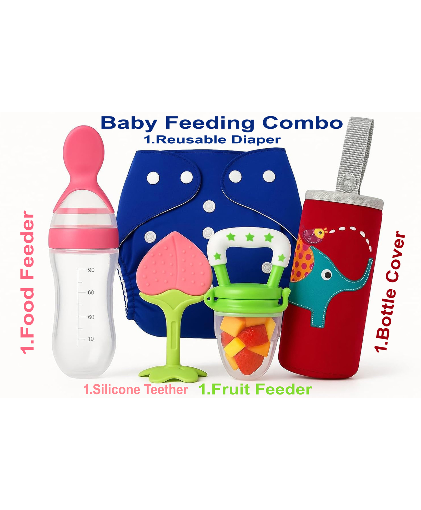 Joy Buzz Reusable Cloth Diaper / Nappies With Insert, Fruit Nibbler, Spoon Food/milk Feeder, Silicone Fruit Shape Teether & Silicone Cleaning Brush Feeding Bottle for Babies, Feeding Combo-pack of 5-picture-27