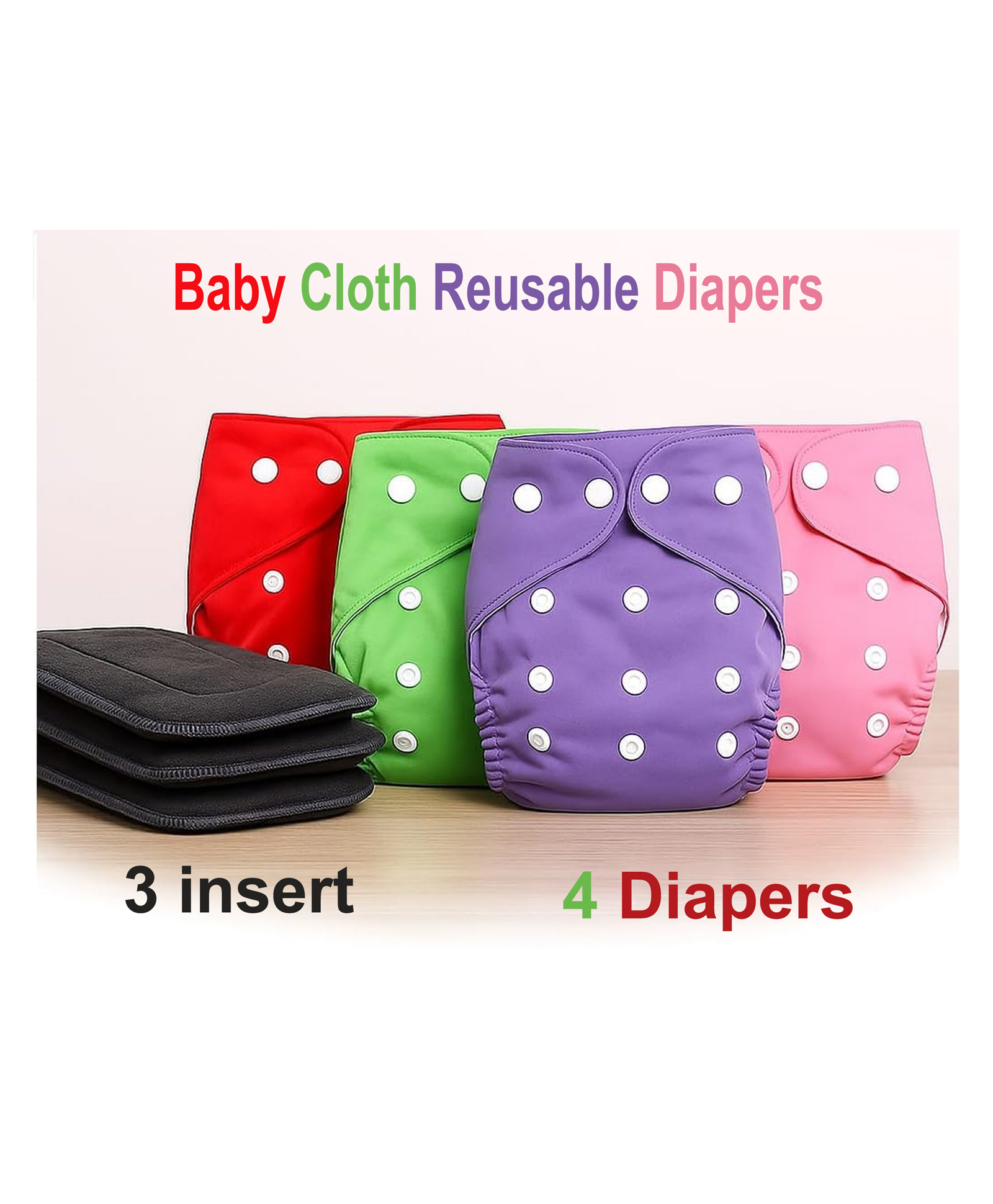 Joy Buzz Free Size 4 Pcs Reusable Cloth Diaper / Nappies With 3 Insert Pad - Multicolor-image-14