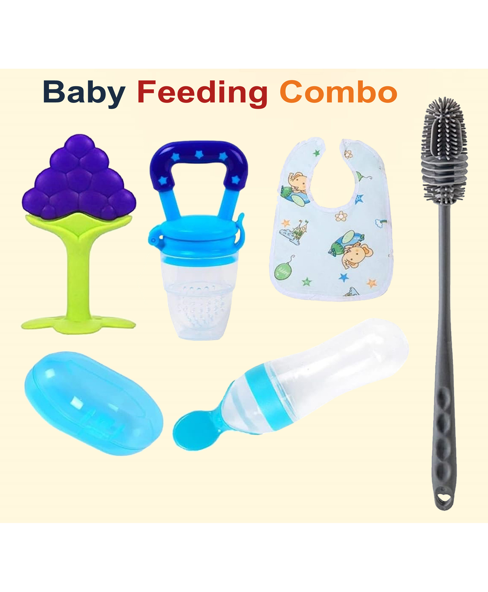 Joy Buzz Baby Fruit Feeder Pacifier Silicone Baby Food Dispensing Spoon 90 ml Fruit Teether Finger Brush, Baby Bib And Silicone Cleaning Brush -Pack of 6-picture-42