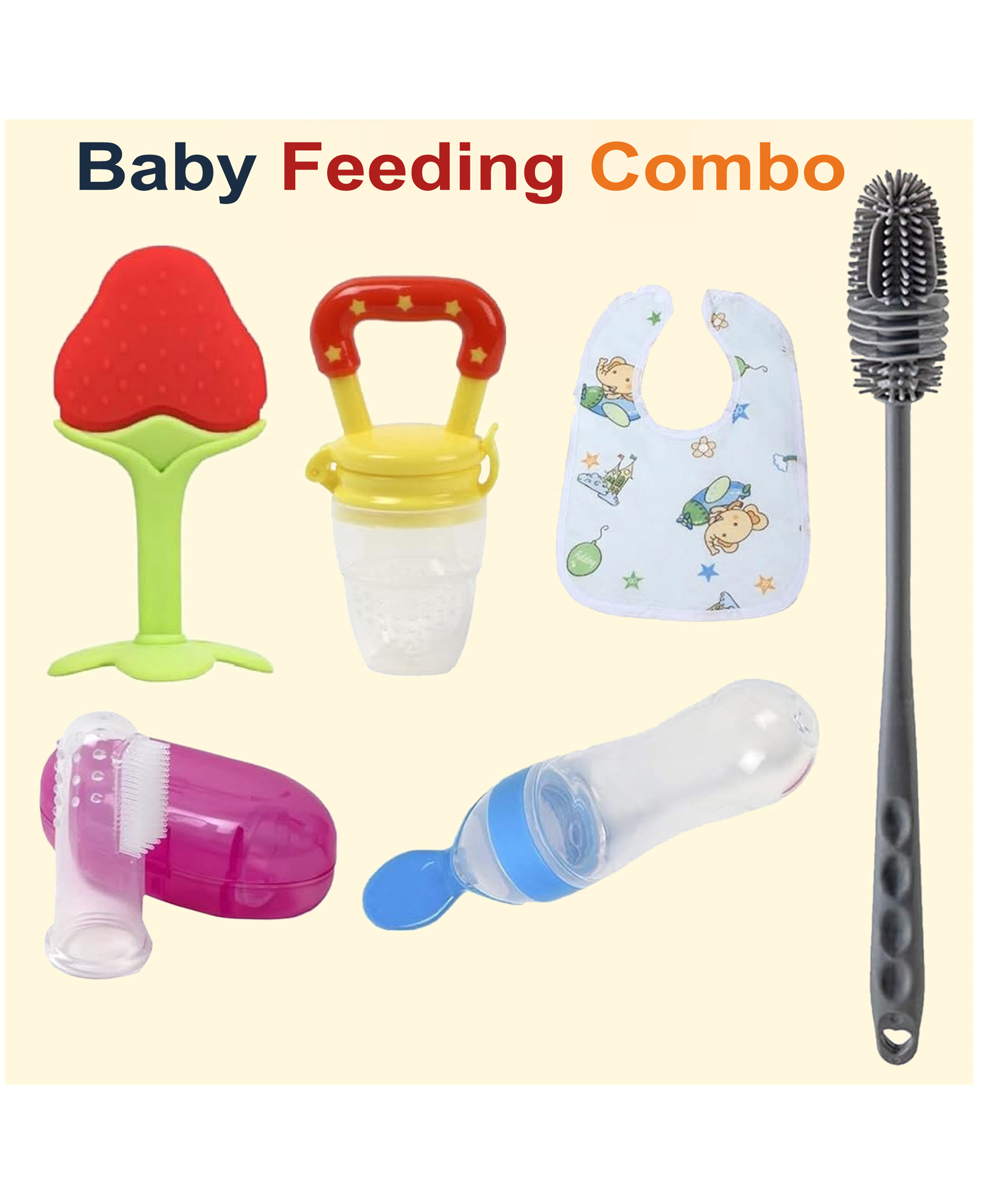 Joy Buzz Baby Fruit Feeder Pacifier Silicone Baby Food Dispensing Spoon 90 ml Fruit Teether Finger Brush, Baby Bib And Silicone Cleaning Brush -Pack of 6-image-14