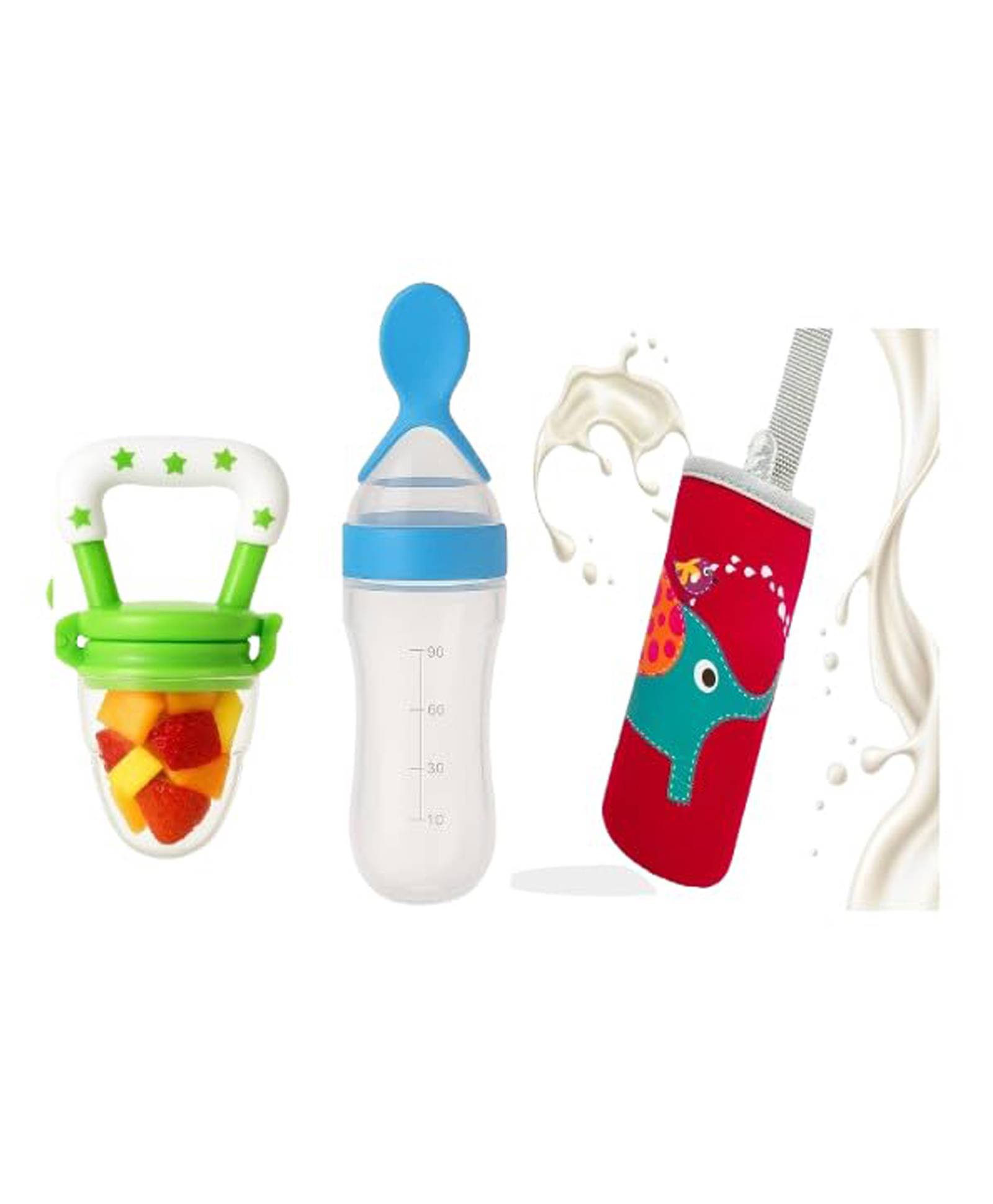 JOY BUZZ Joy Buzz Silicone Fruit And Food Nibbler & Spoon Food Feeder And Bottle Cover - Pack of 3-picture-25