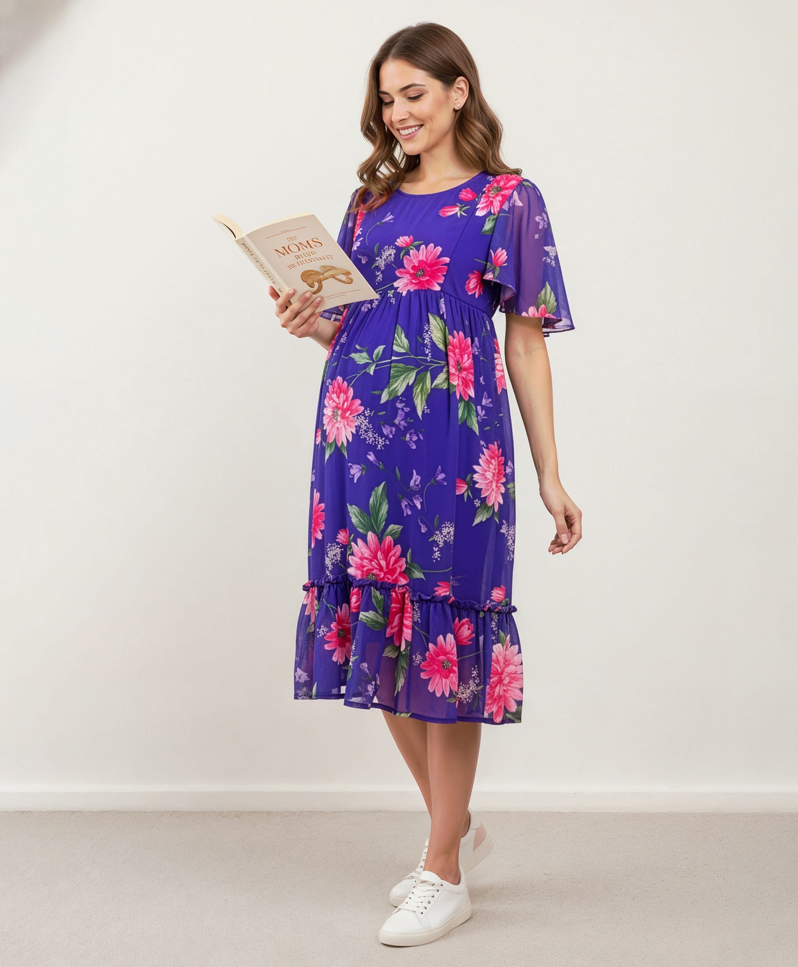 Bella Mama Woven Half Flutter Sleeves Maternity Dress With Floral Print - Purple
