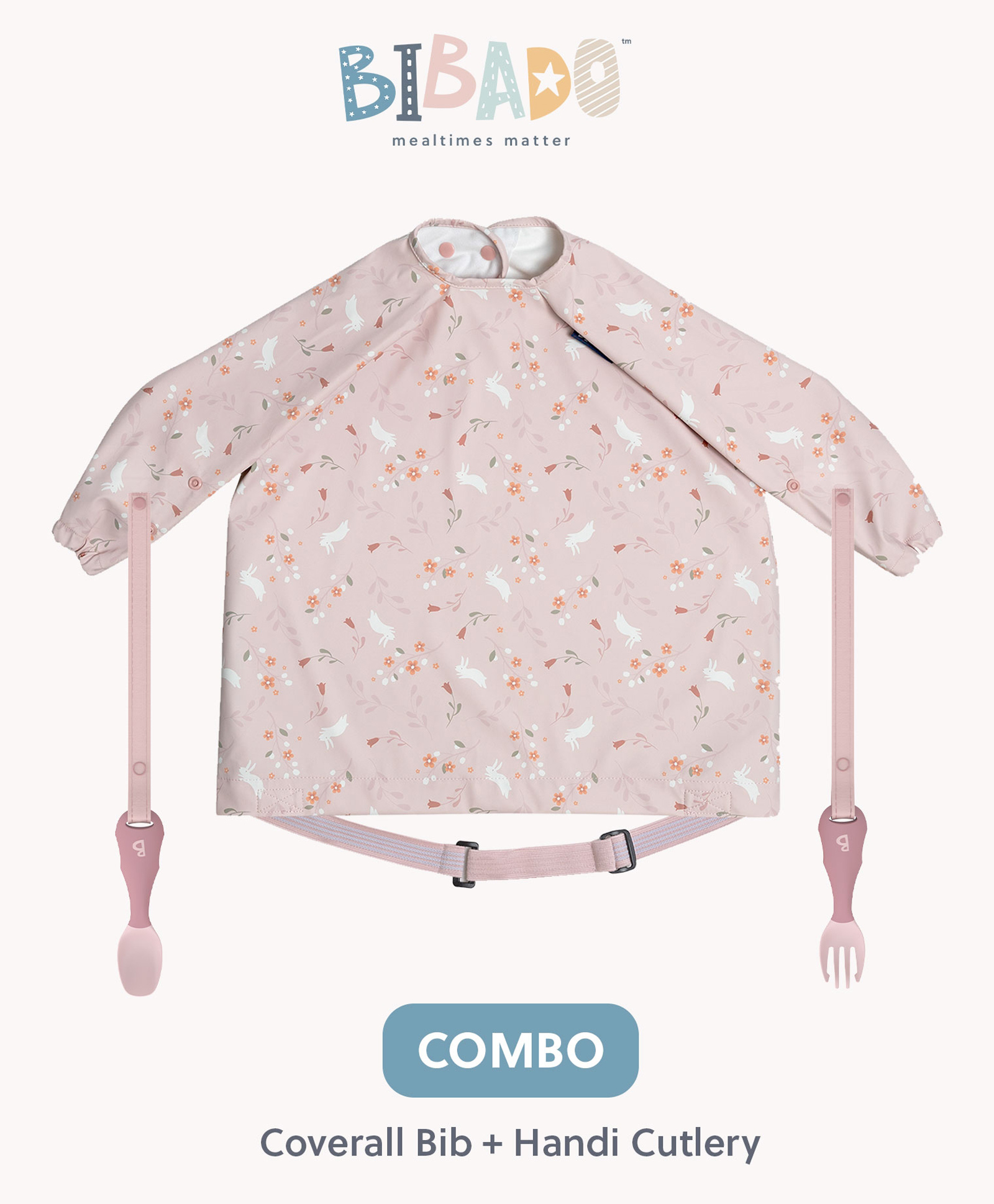 Bibado Botanical Bunnies Coverall Bib + Handi Cutlery Set - Blush Pink | Mess-Free Mealtimes, 6-36M, Waterproof, Travel-Friendly-image-26