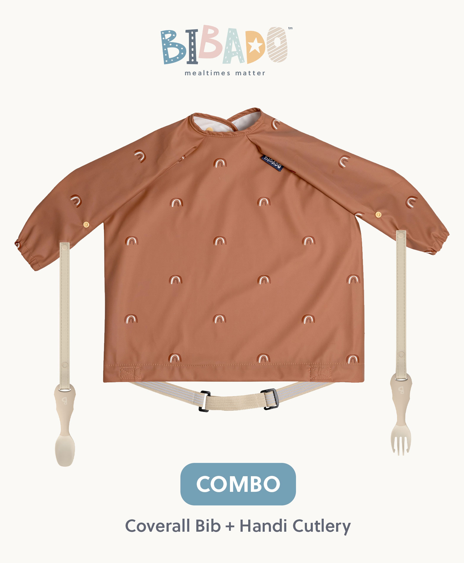Bibado Chasing Rainbows Coverall Bib + Handi Cutlery Set - Fawn Brown| Mess-Free Mealtimes, 6-36M, Waterproof, Travel-Friendly-image-42