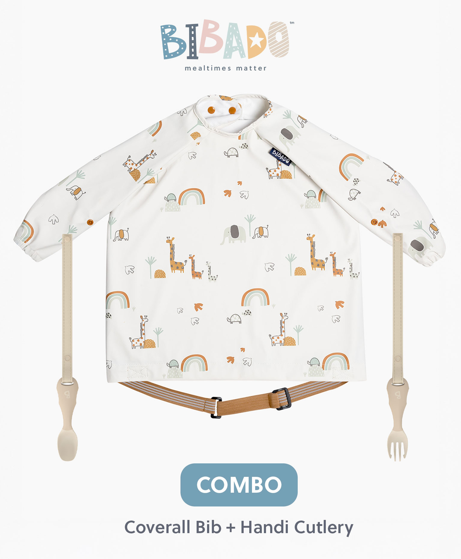 Bibado Serengeti Spaghetti Coverall Bib + Handi Cutlery Set - Fawn Brown | Mess-Free Mealtimes, 6-36M, Waterproof, Travel-Friendly-image-2