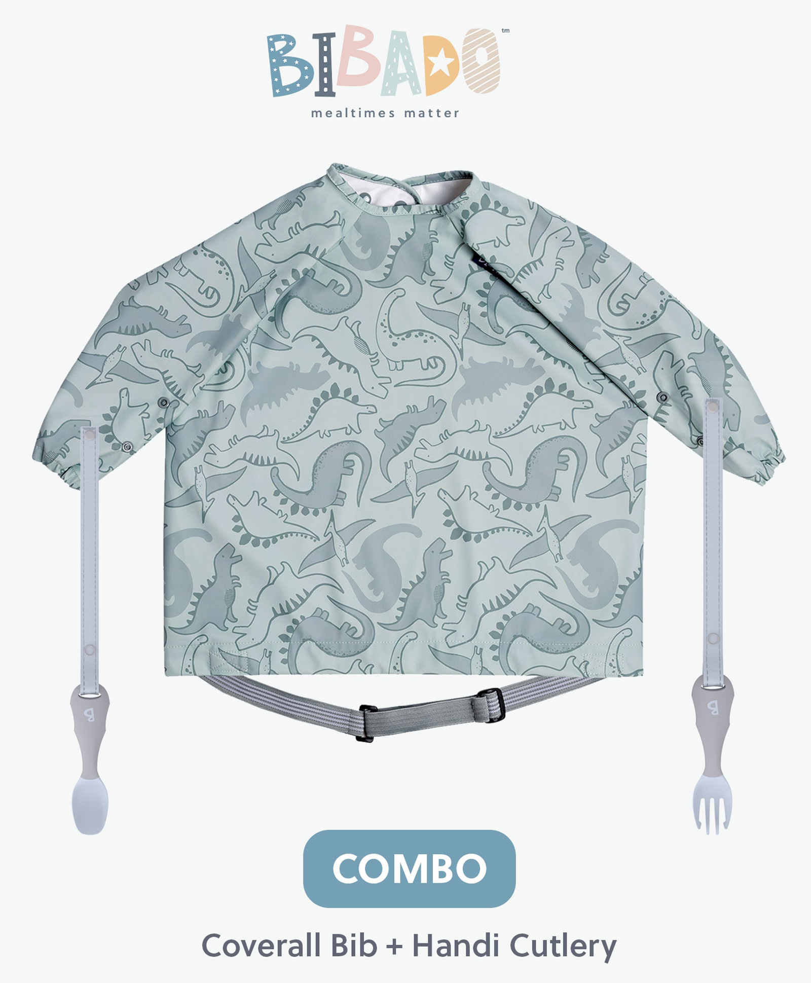 Bibado Dino Roar Coverall Bib + Handi Cutlery Set - Mist Blue | Mess-Free Mealtimes, 6-36M, Waterproof, Travel-Friendly-image-32
