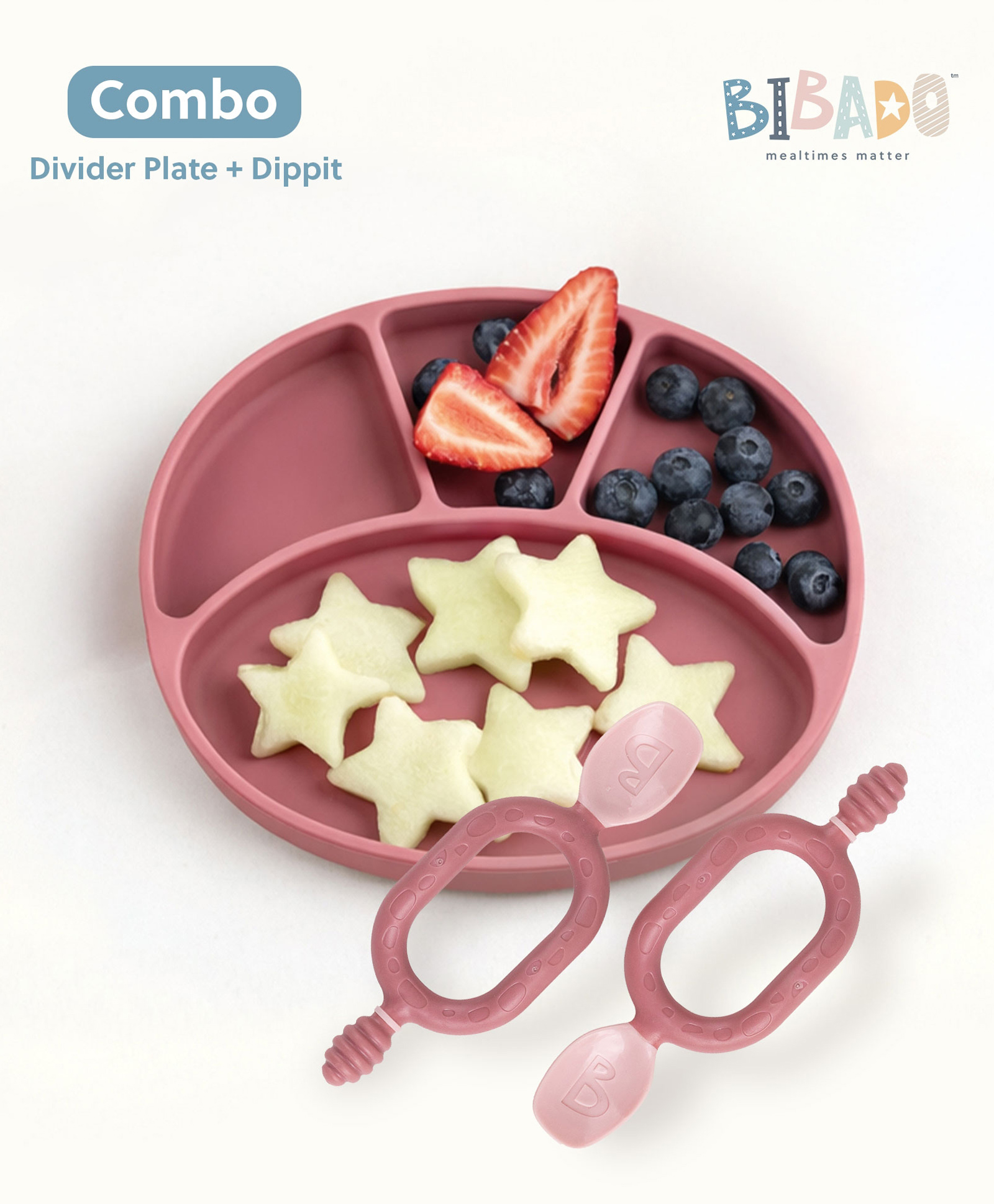 Bibado Silicone Divider Plate + Dippit Spoon - Blush Pink | 6-36M, Suction Base, Baby-Safe-image-17