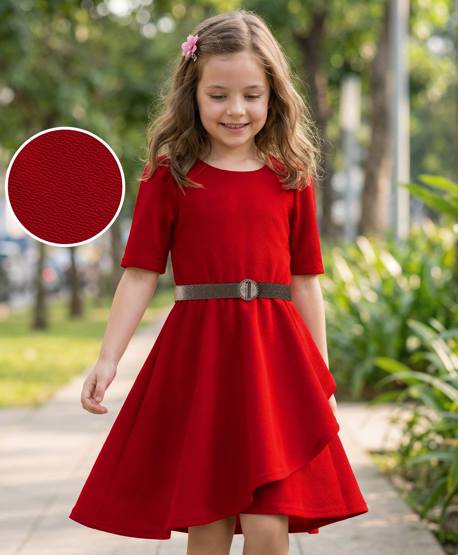 Hola Bonita Knit Half Sleeves Textured Fabric Dress & Belt - Red-image-17