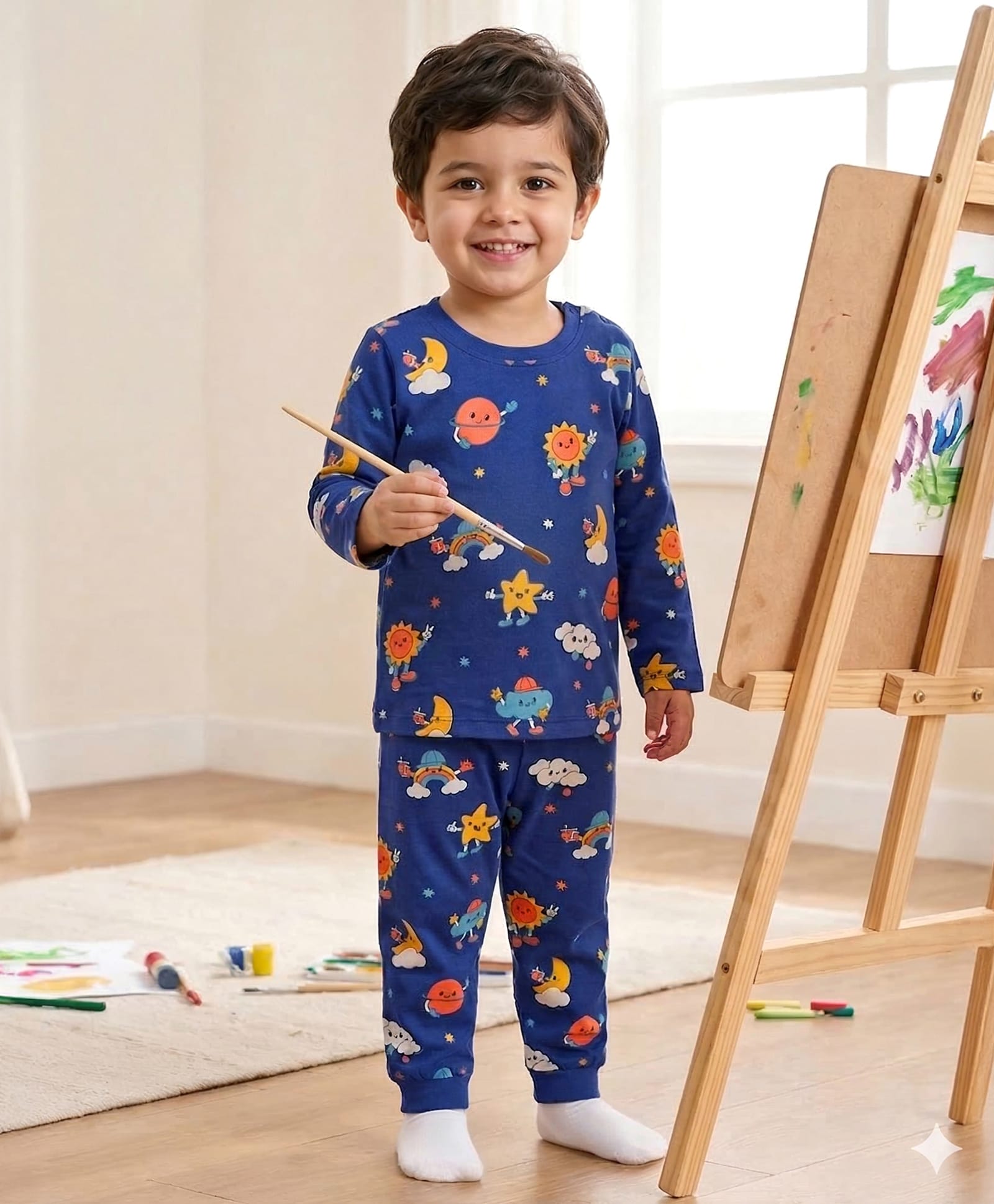 Babyhug Cotton Knit Full Sleeves Co-ords Night Suit With Clouds Print - Blue-image-41