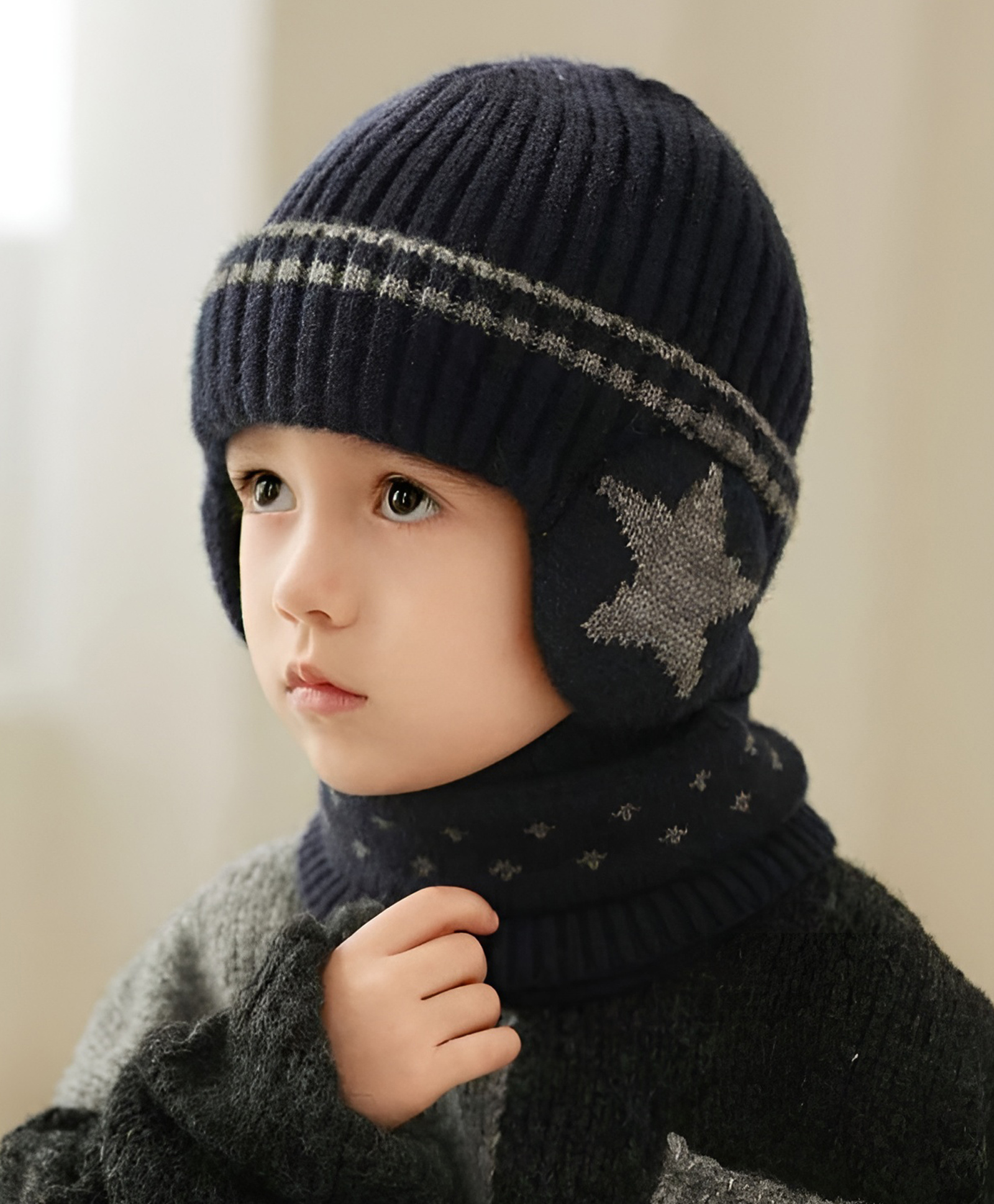 Ziory Star Designed Beanie & Scarf - Navy Blue-picture-10