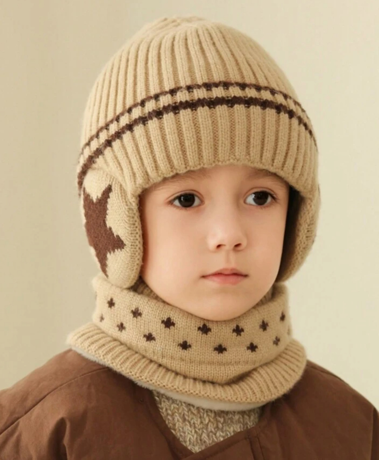 Ziory Woollen Knit Self Designed Cap With Scarf - Beige - Circumference 50 - 54 Cm-picture-20