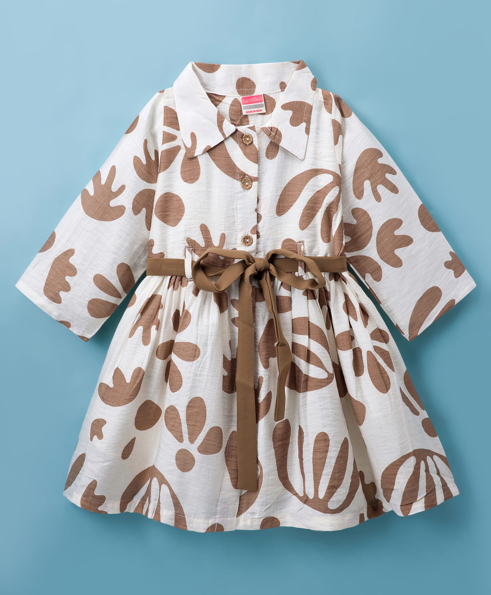Twetoons Cotton Woven Full Sleeves Shirt Style Frock With Floral Print & Belt - Brown-image-44
