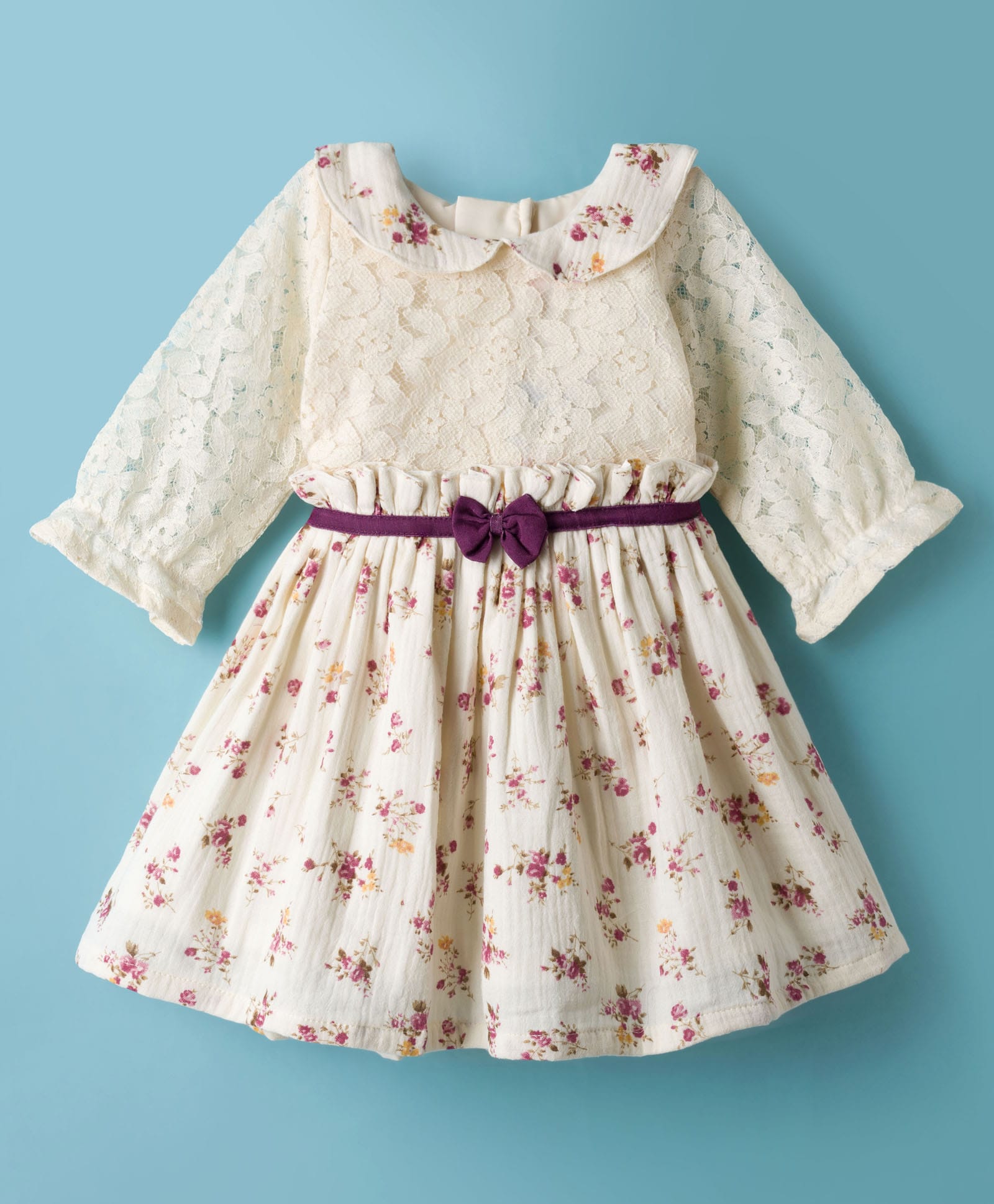 Twetoons Cotton Woven Full Sleeves Frock With Floral Print & Bow Applique - Rust Orange-picture-11