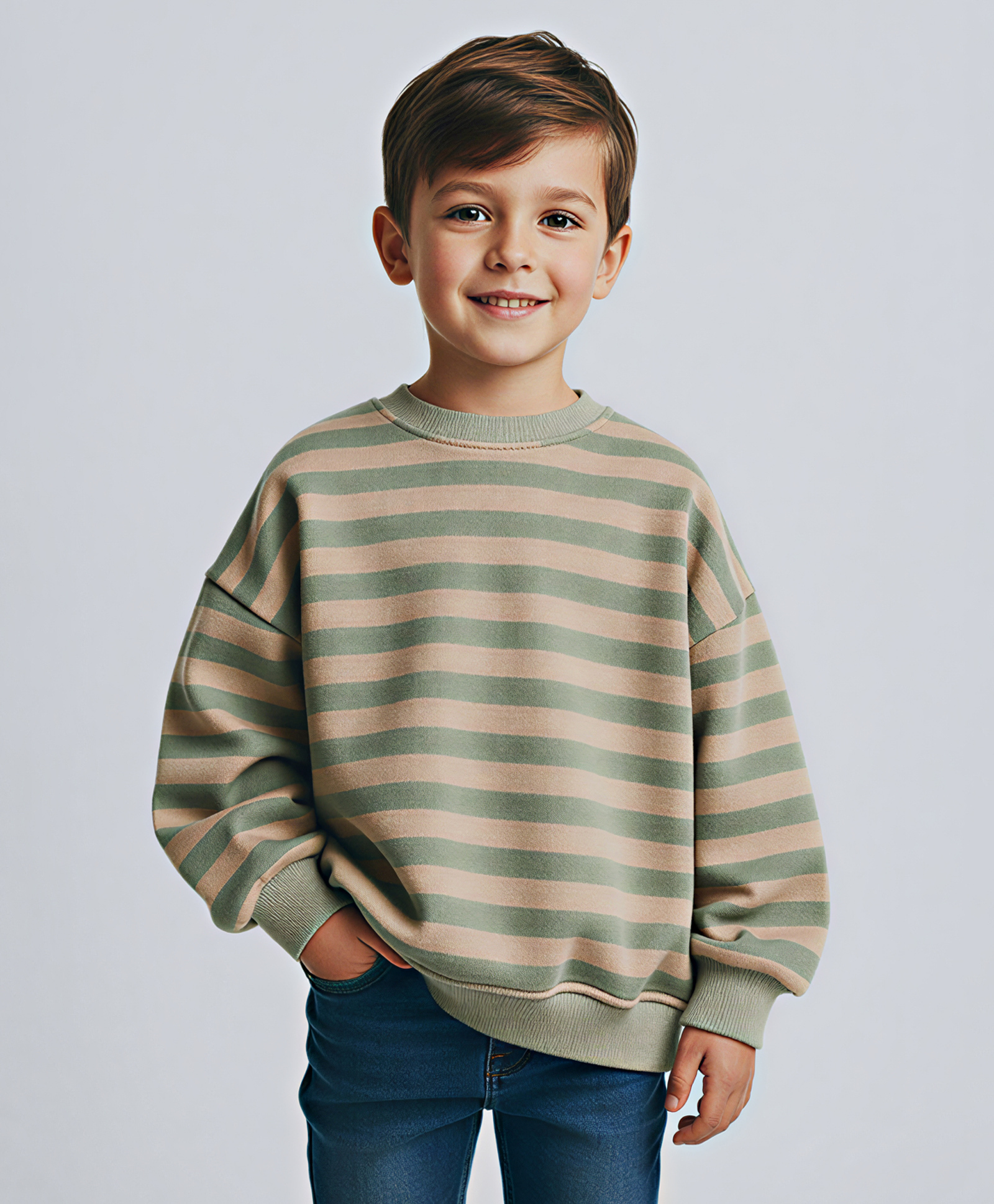 ALAN JONES Cotton Blend Knit Full Sleeves Striped Light Winter Oversized Sweatshirt - Taupe Grey-picture-39