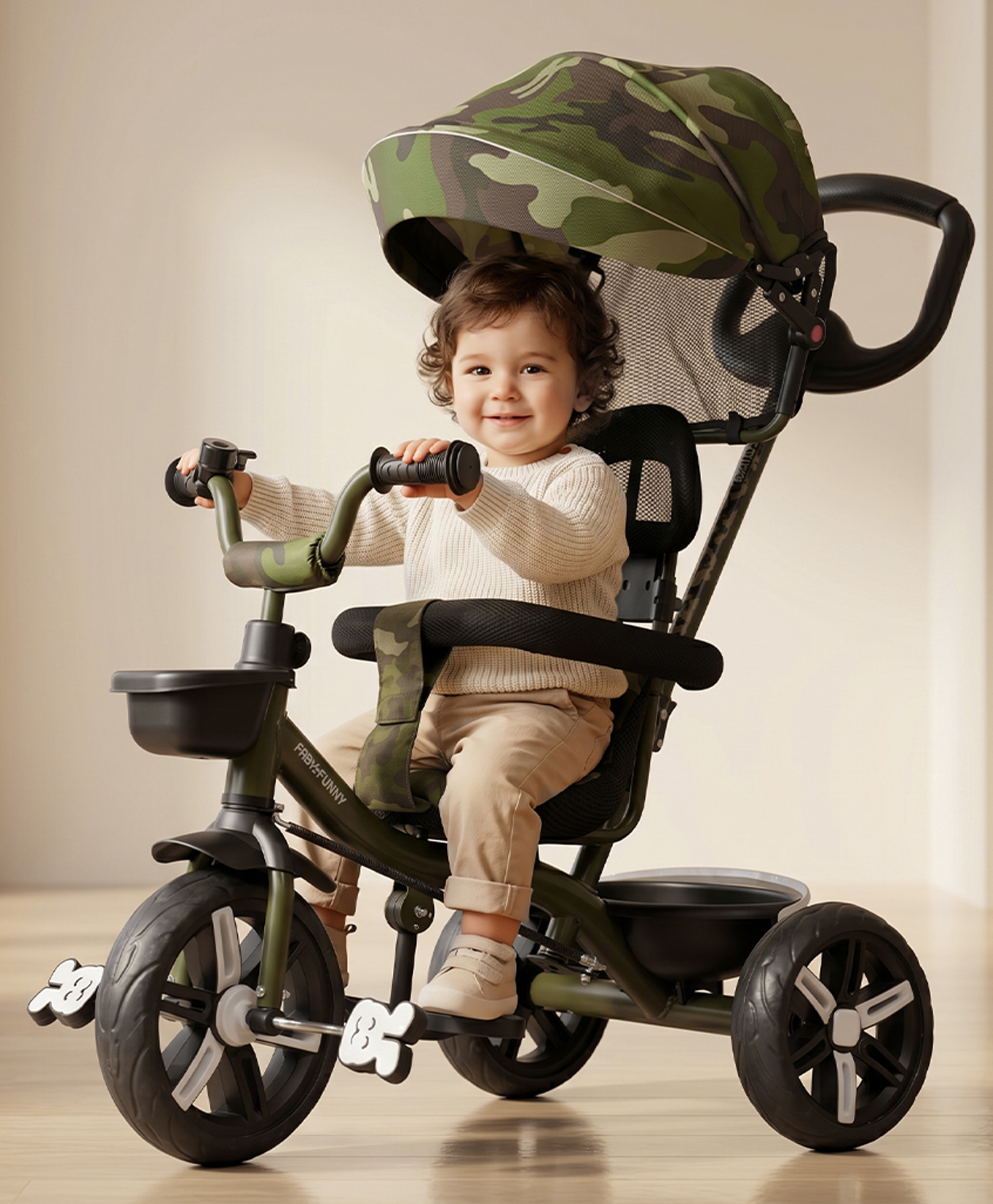Plug & Play Tricycle with Parental Push Handle & Foldable Canopy - Camouflage Green| Removable Safety Bar| Non-Slip Pedals|Foldable Footrest| High Backrest| Removable Safety Rail & Cushion-image-47