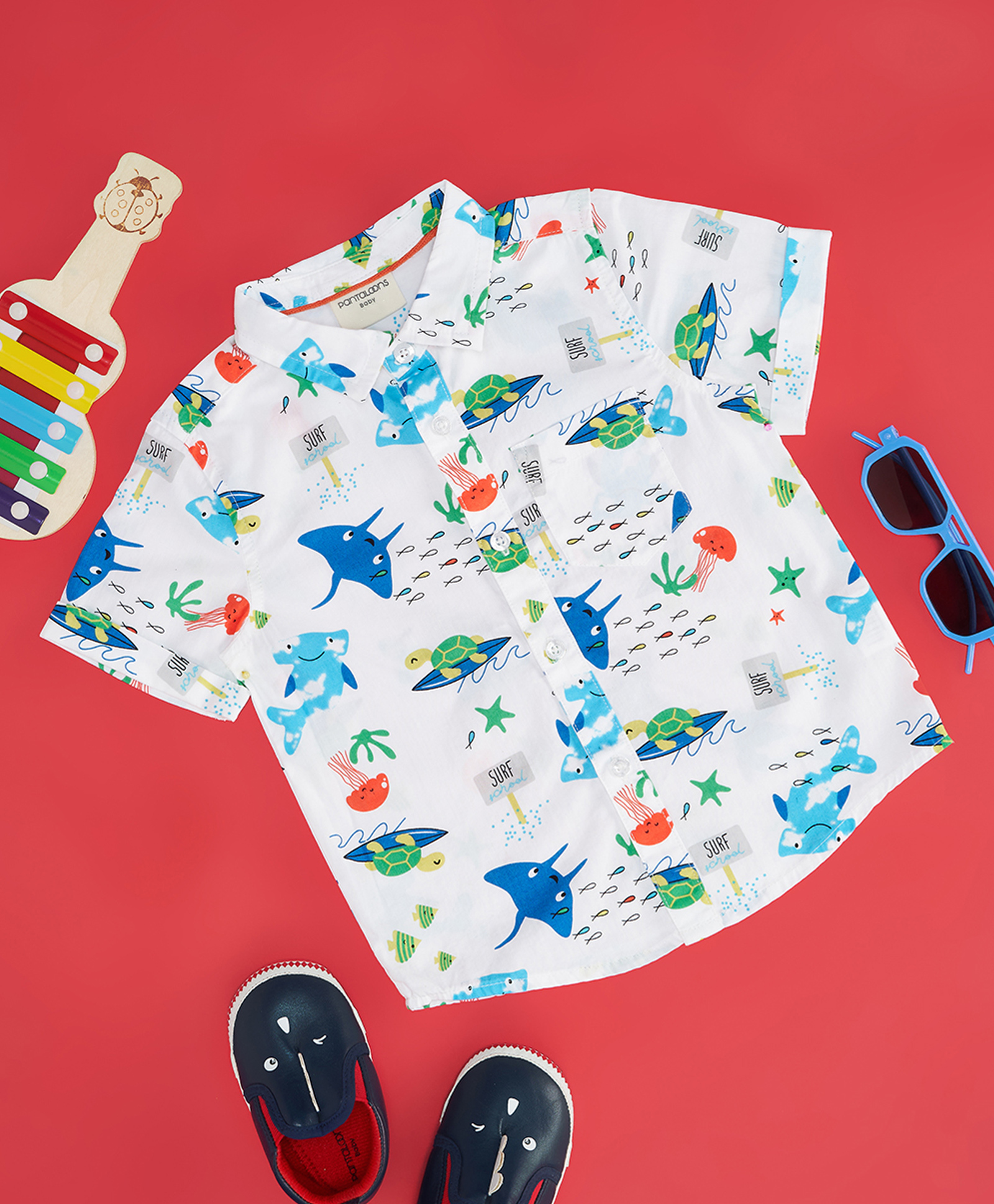 Pantaloons Baby Cotton Woven Half Sleeves Sea Life Printed Shirt - White-picture-29
