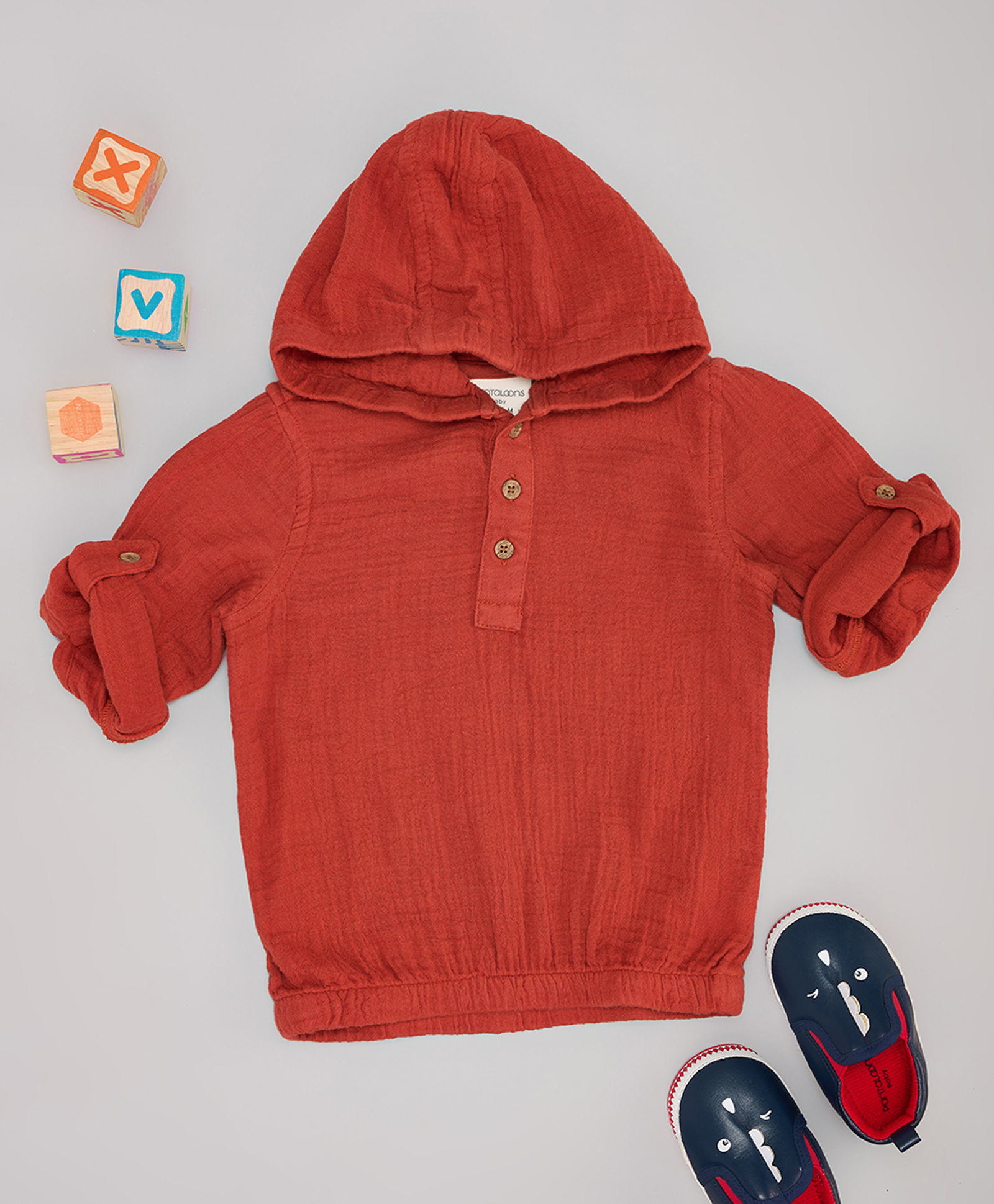 Pantaloons Baby Cotton Woven Full Sleeves Solid Kurta Style Hooded Shirt - Rust Orange-picture-16