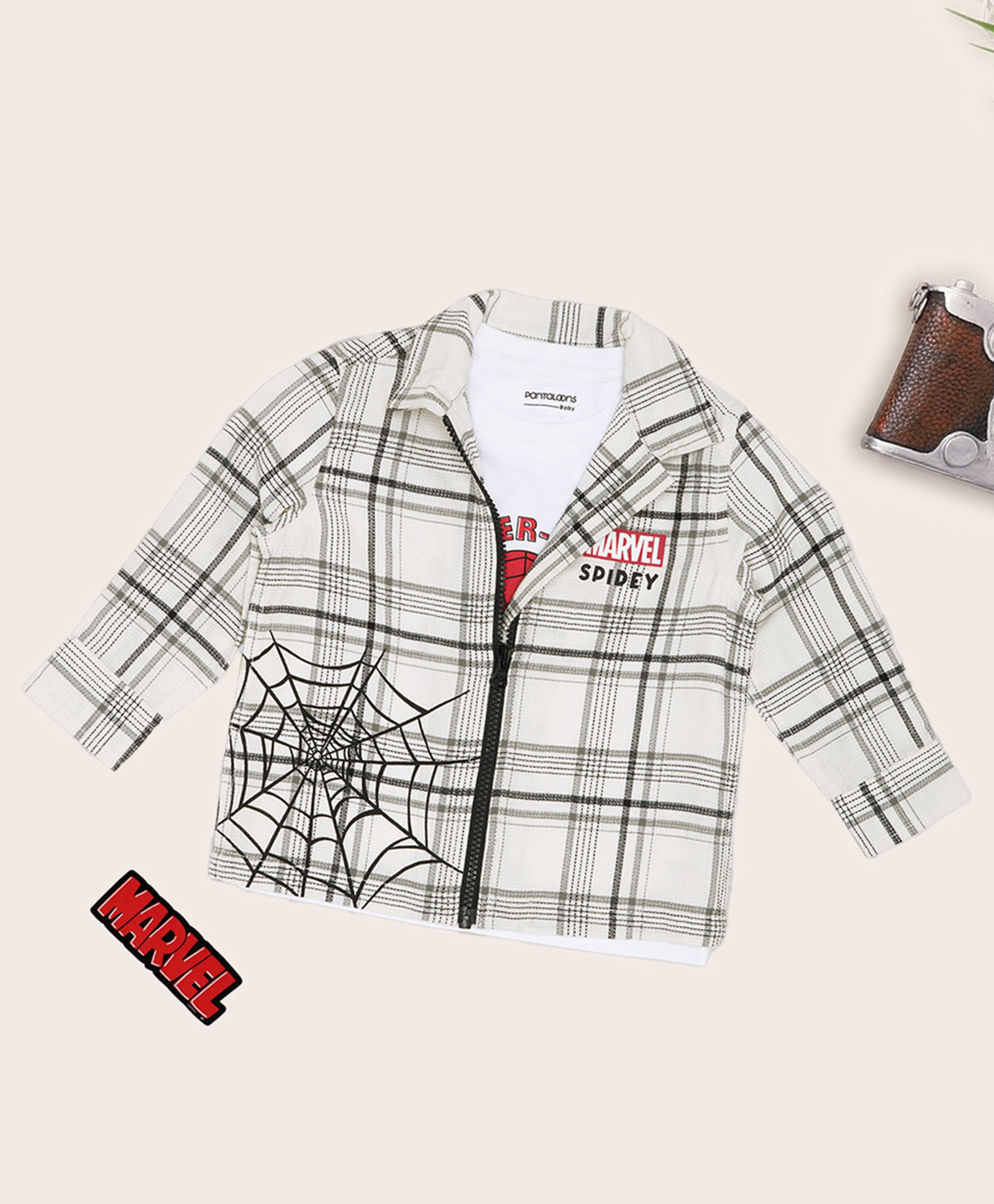 Pantaloons Baby Cotton Woven Marvel Featuring Full Sleeves Spiderman Printed Tartan Checked Shirt with Tee - White-picture-20