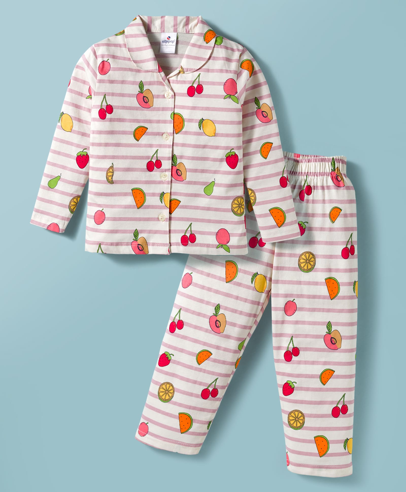 Ollypop Sinker Knit Full Sleeves Co-ords Night Suit with Fruit Print & Stripes - Multicolor-image-39