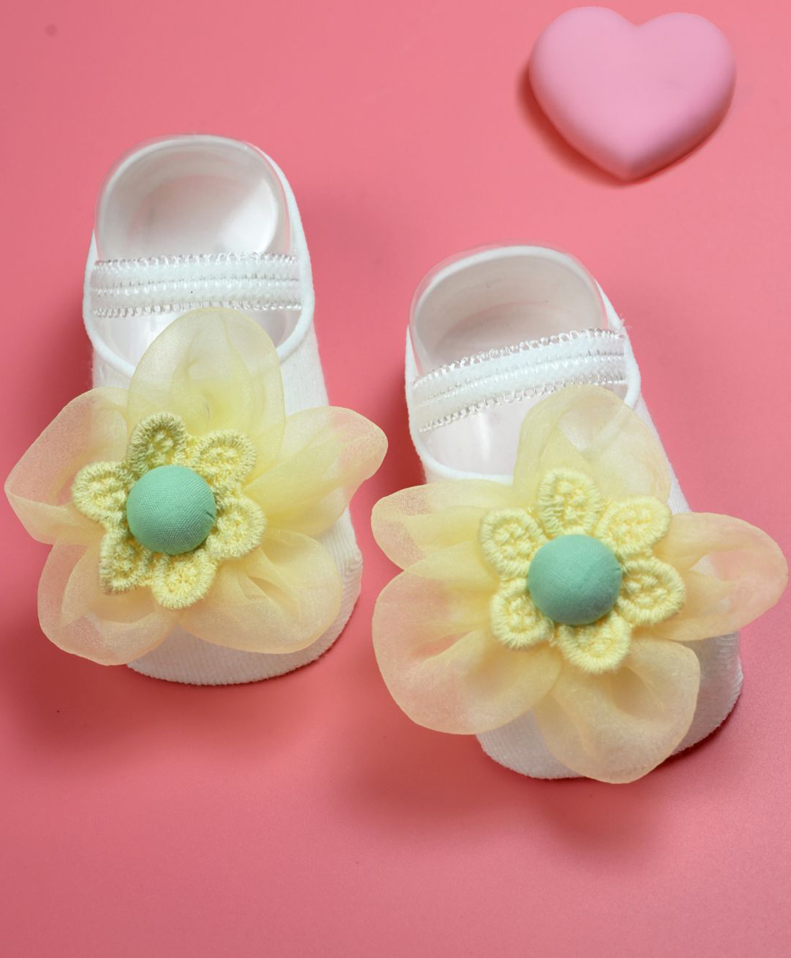 Yellow Bee Cotton Floral 3D Applique Detailed Socks - Yellow-image-41