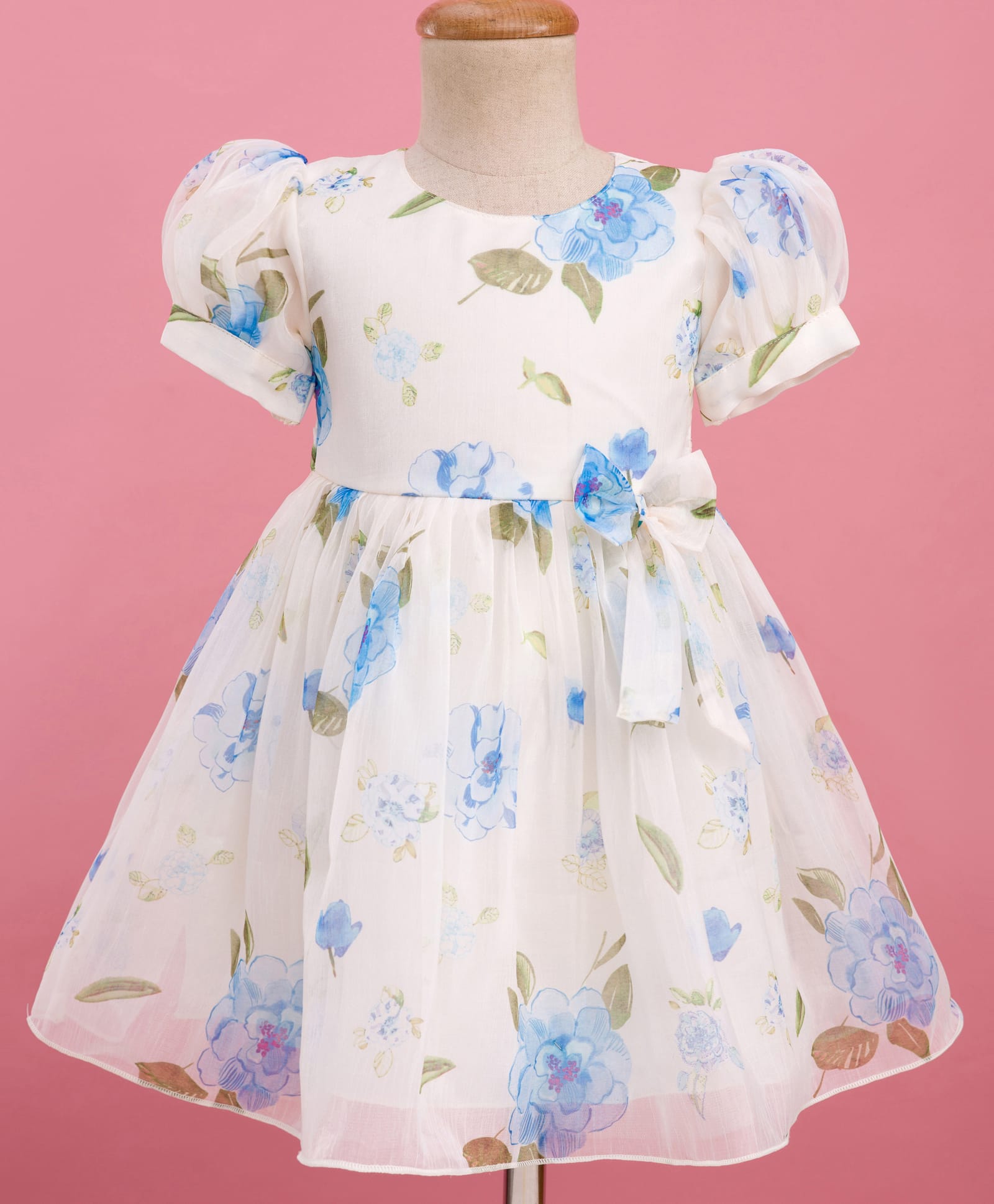 Kookie Kids Woven Half Puffed Sleeves Organza Fit & Flare Dress with Bow Applique - White & Blue-image-7