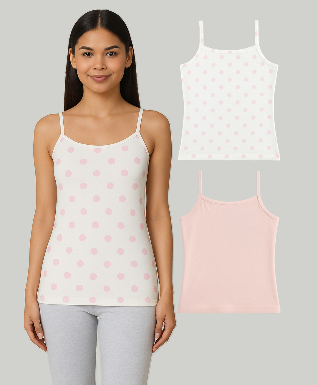 Charm n Cherish Cotton Blend Knit Pack Of 2 Solid & Polka Dots Printed Camisoles - White & Pink-picture-17