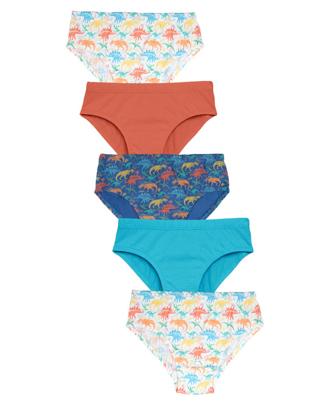 Charm n Cherish Cotton Knit Pack Of 5 Solid & Dinosaur Printed Briefs - White Orange & Blue-picture-16